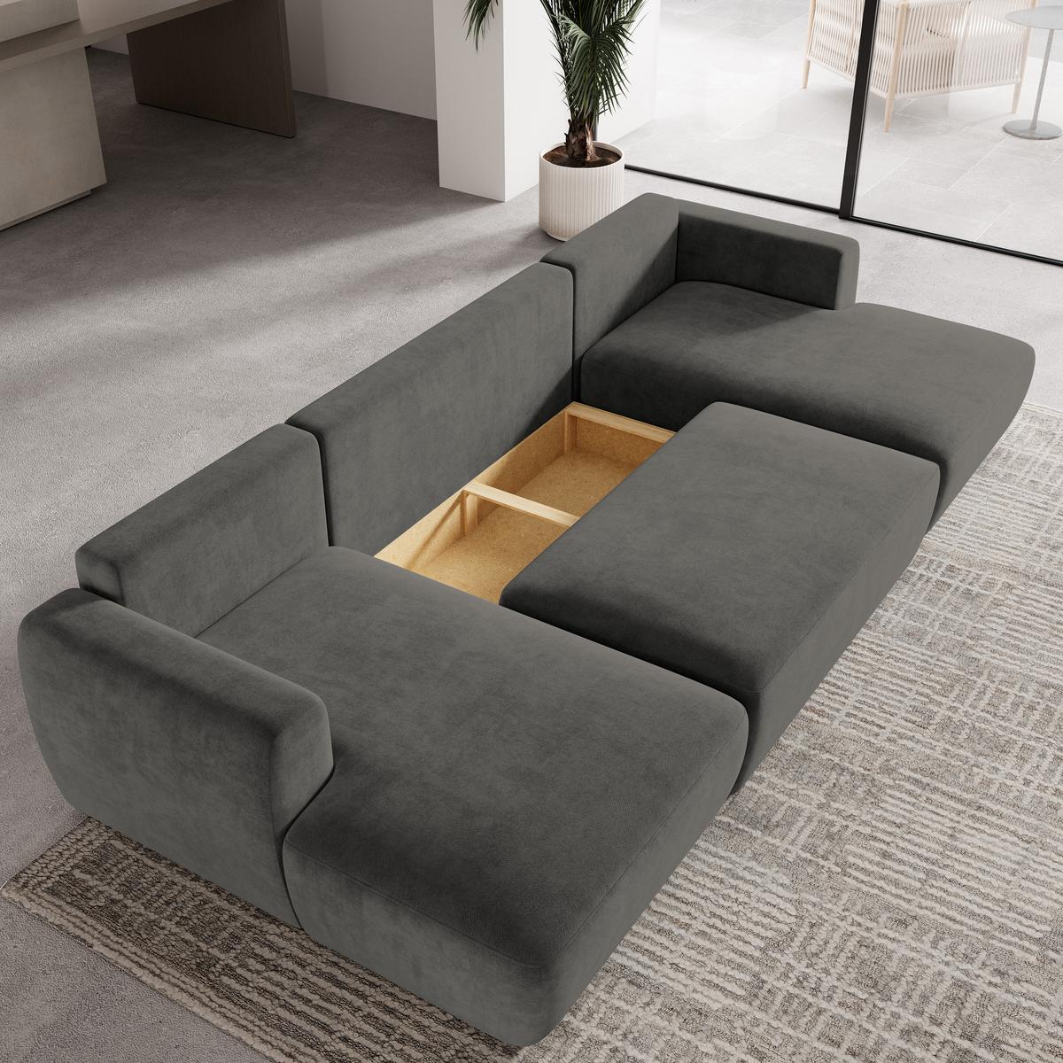 WOHNLANDSCHAFT SENTUM K Grau Plüsch-Stoff mit Schlaffunktion - Schwarz/Grau, Holz/Kunststoff (330/90/148cm) - MASSENO