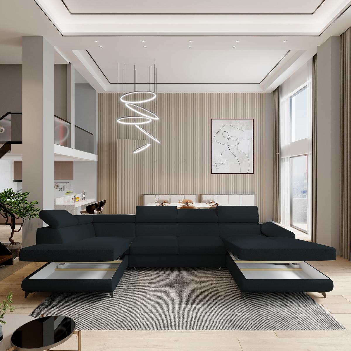 WOHNLANDSCHAFT RUBANO L-S Schwarz Boucle-Stoff mit Schlaffunktion - Schwarz, Holz (339/89/190cm) - MASSENO