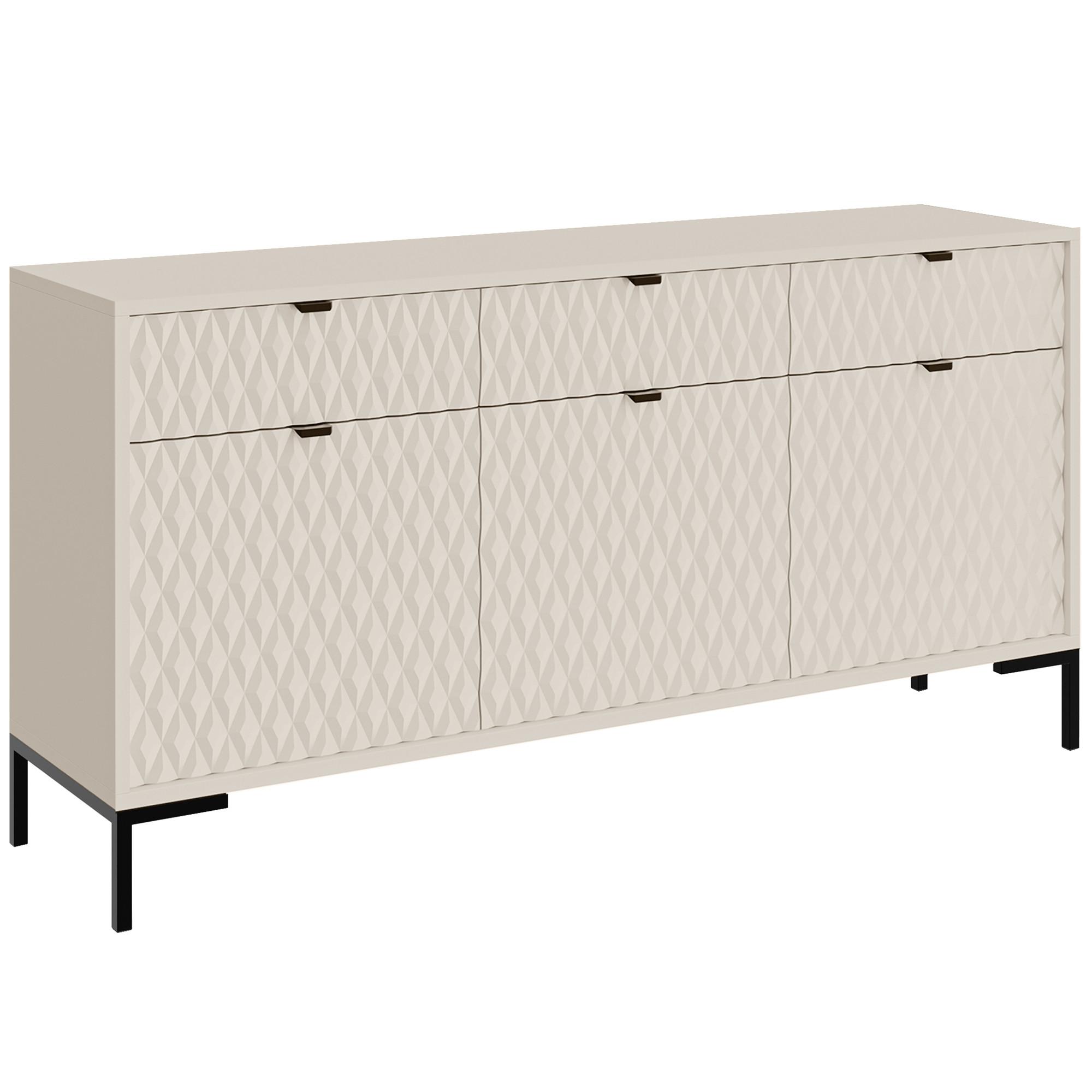 KOMMODE Montreal mit 3 Türen und 3 Schubladen, dekorative 3D-Fronten, 150 cm, Kaschmir - Kaschmir/Schwarz, Holzwerkstoff/Metall (150/85/40cm) - Beautysofa
