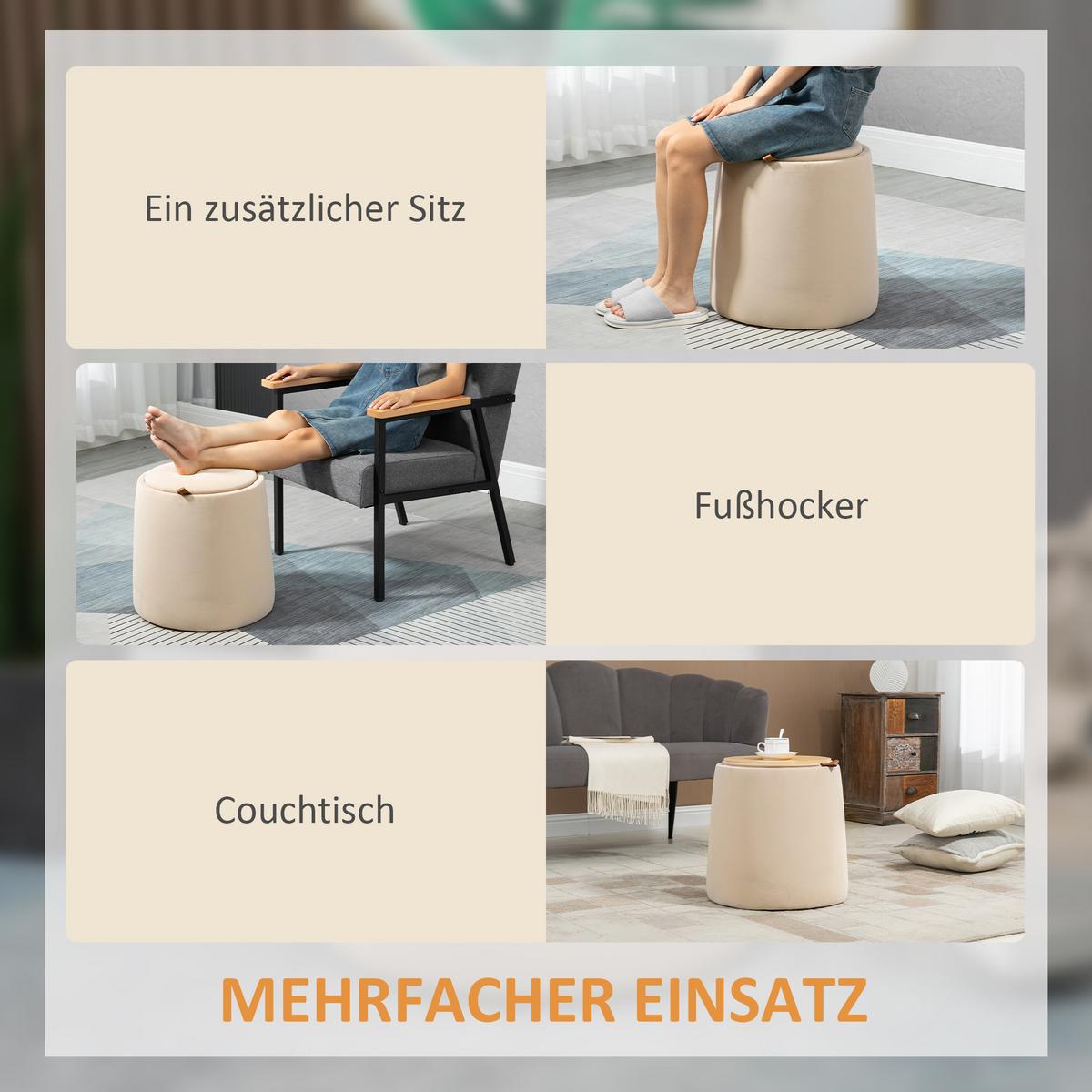 2-IN-1 Ottomane Sitzhocker inklusive Stauraum, abnehmbaren Deckel in Samtoptik - Beige/Braun, Holz/Kunststoff (44/47.5/44cm) - HOMCOM