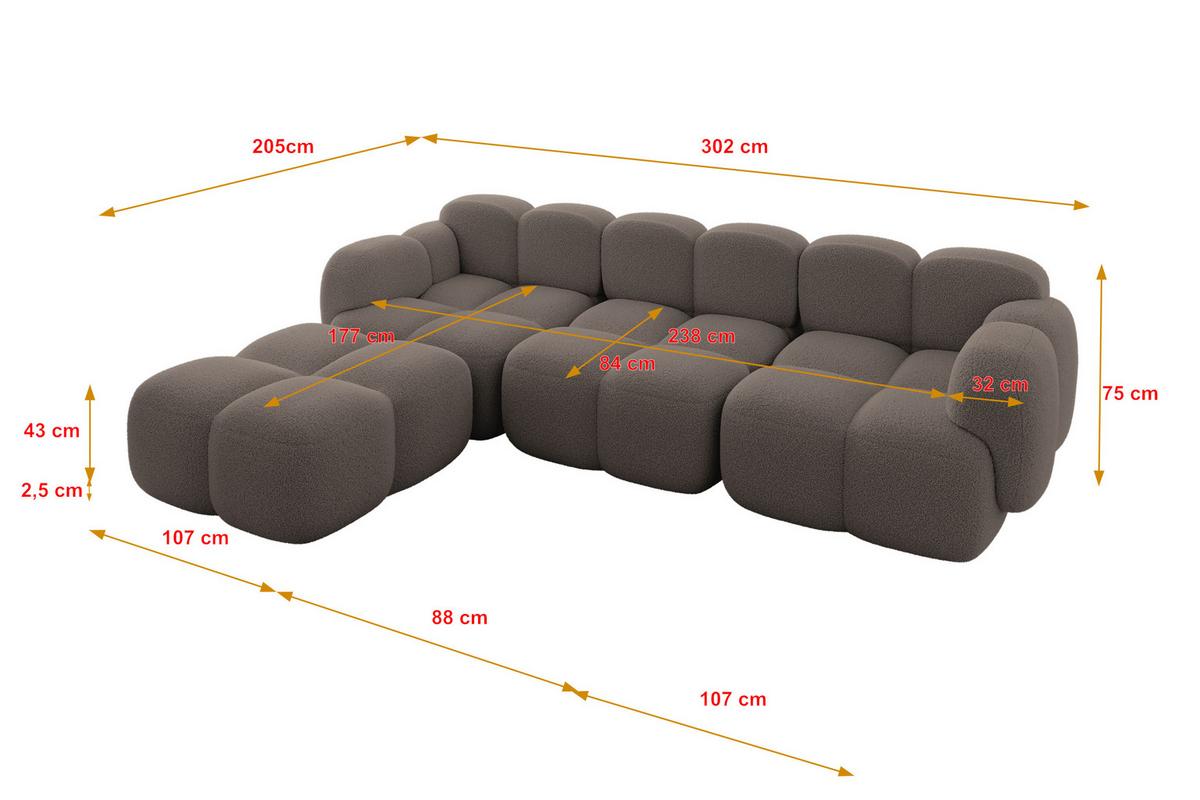 ECKSOFA modulares Sofa Links Miko-L2 302x205x75 Braun Bouclé - Dunkelbraun/Schwarz, Holzwerkstoff/Kunststoff (302/205cm) - ALTDECOR