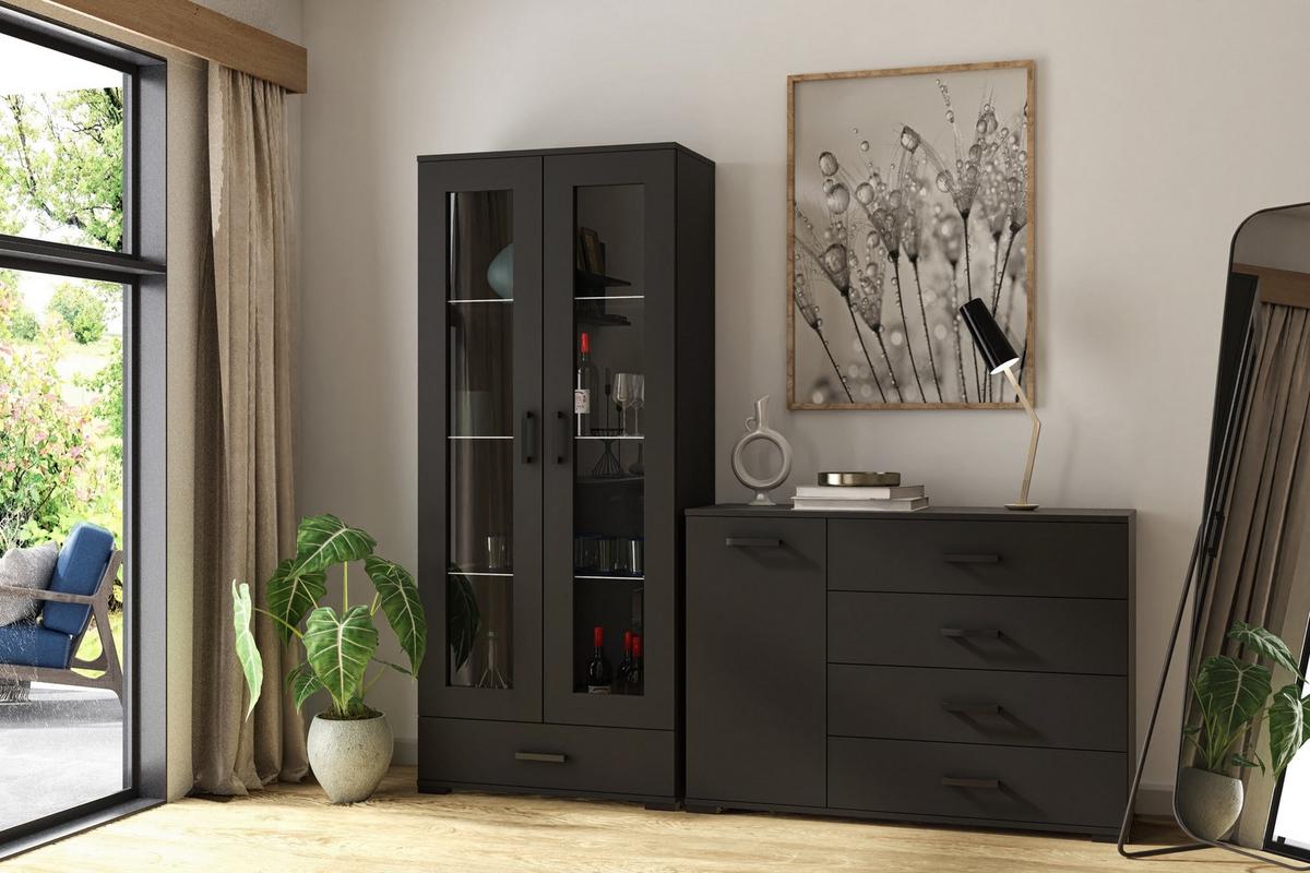 KOMMODE ALBANO 120/83/40cm mit 4 Schubladen 1 Türen Schwarz - Schwarz, Holzwerkstoff (120/83/40cm) - MASSENO