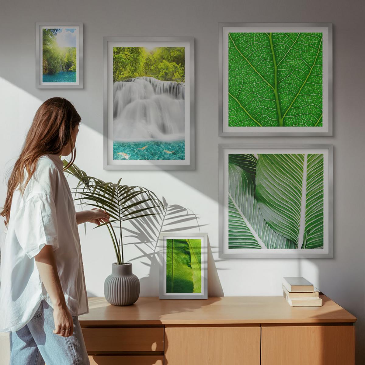 BILDER SET 5er Set - 50x50 cm & 20x30 cm & 40x60 cm Silberner Rahmen - Nahaufnahme von tropischen Blättern - Silberfarben, Kunststoff (40/60cm) - TULUP