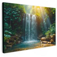 LEINWANDBILD Wasserfall - Dschungel - Sonne - Grün - Natur Gemälde 60x40 cm - Grün, Textil (60/40cm) - MuchoWow