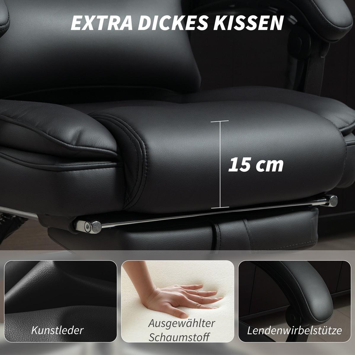 BÜROSTUHL mit verstellbarer Rückenlehne aus Stahl Schwarz - Schwarz, Leder/Metall (69/126/72cm) - HOMCOM