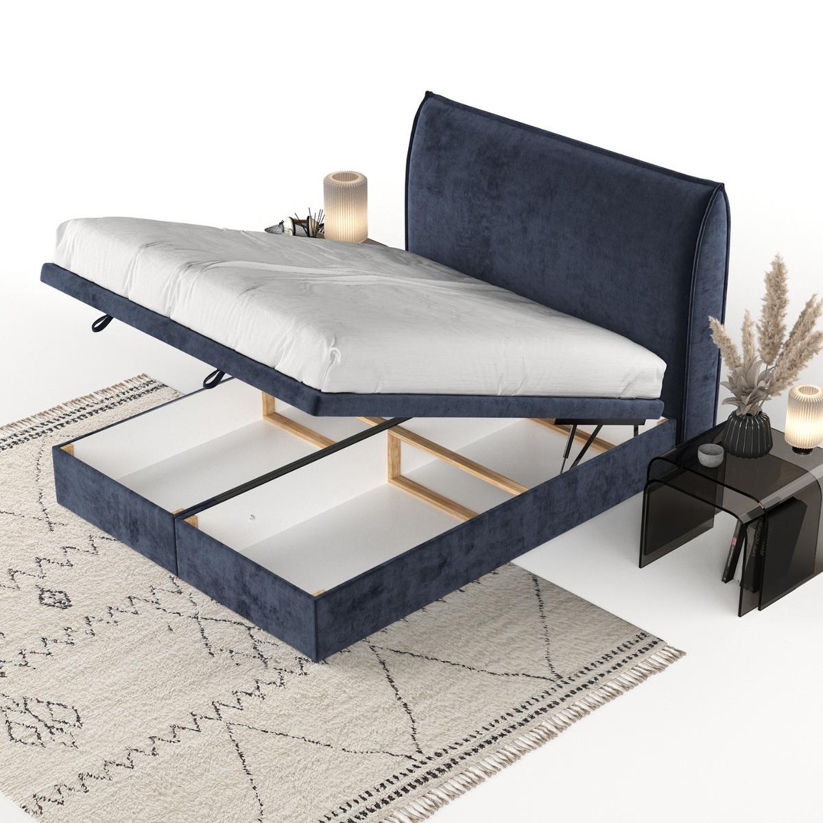 POLSTERBETT Tuvalu mit Stauraum 120/200 cm Marineblau im Lotta Stoff - Schwarz/Dunkelblau, Holz/Holzwerkstoff (120/200cm) - AltaBeds