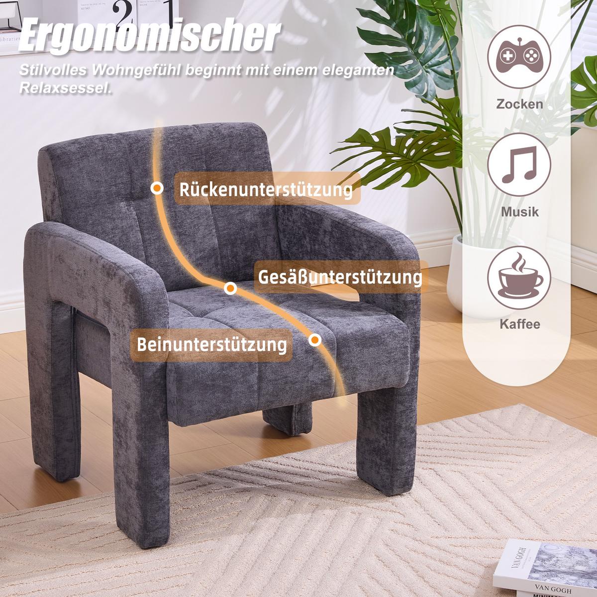 SESSEL Nordic Style aus Chenille mit ergonomischen Armlehnen - Grau, Textil (67/74/69cm) - Urban Meuble