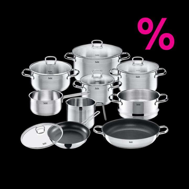 14-teiliges Kochtopfset ais Edelstahl vor schwarzem Hintergrund