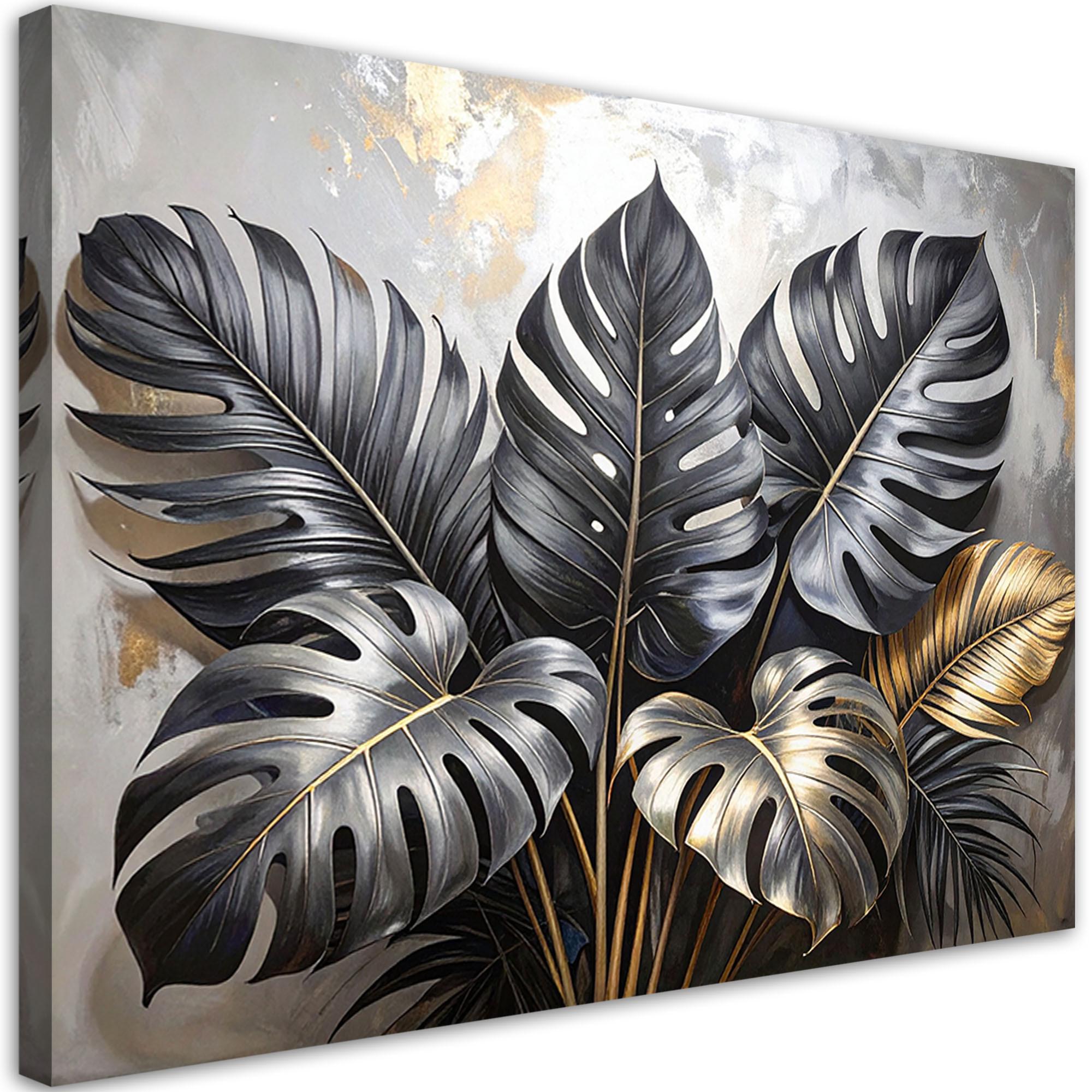 BILDER, Schwarze Blätter von Monstera auf beigem Hintergrund - Schwarz, Textil (120/80cm) - Feeby