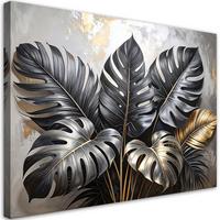 BILDER, Schwarze Blätter von Monstera auf beigem Hintergrund - Schwarz, Textil (45/30cm) - Feeby