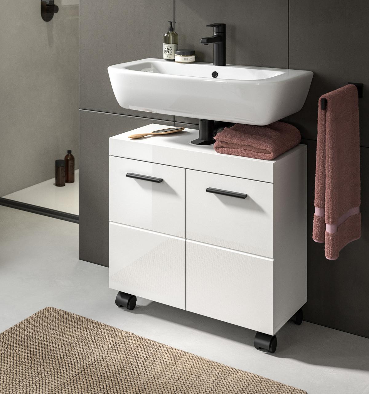 WASCHBECKENUNTERSCHRANK weiß Hochglanz 60 cm, Badezimmer Unterschrank auf Rollen - Weiß Hochglanz/Schwarz, Holzwerkstoff/Kunststoff (60/58/30cm) - Inn.Furn