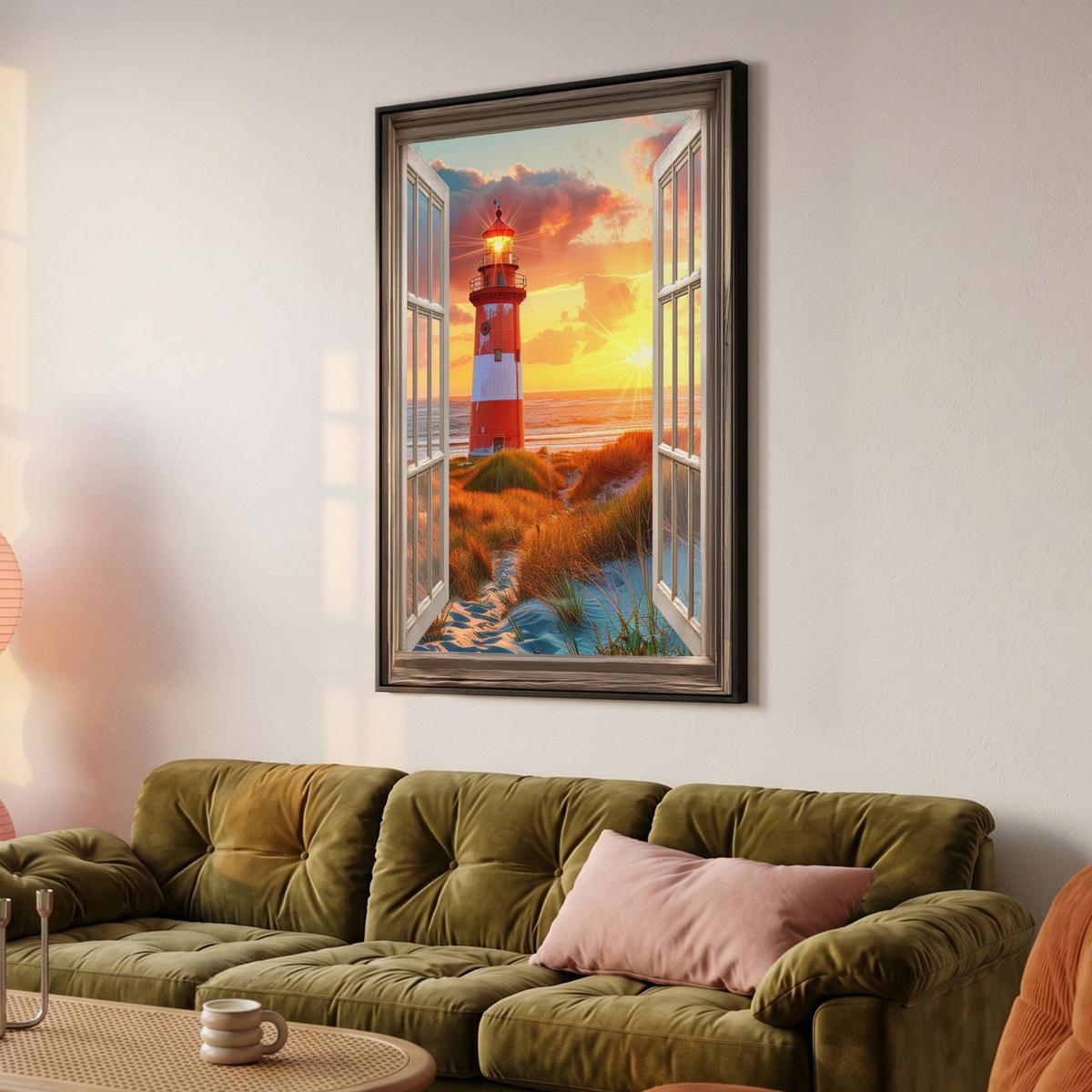 LEINWAND Bilder mit Rahmen - Aussicht - Fenster - Leuchtturm - Sonnenuntergang - Strand - 90x140 - Dunkelorange, Textil (90/140cm) - MuchoWow