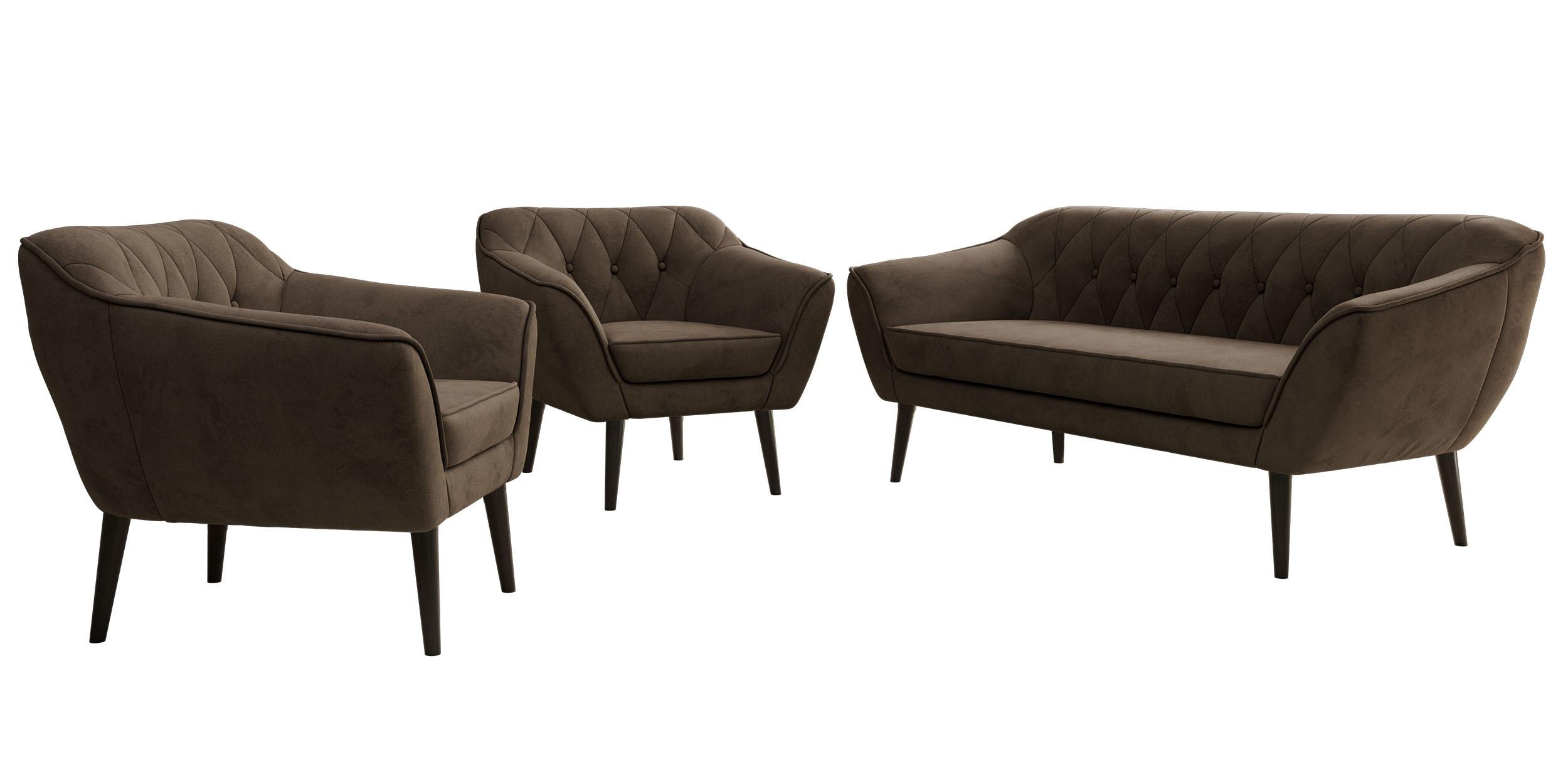SITZGARNITUR PIRS 3+1+1 - Braun Velvet - Schwarze Beine - Dunkelbraun/Schwarz, Holzwerkstoff/Textil (180/75/74cm) - MKS