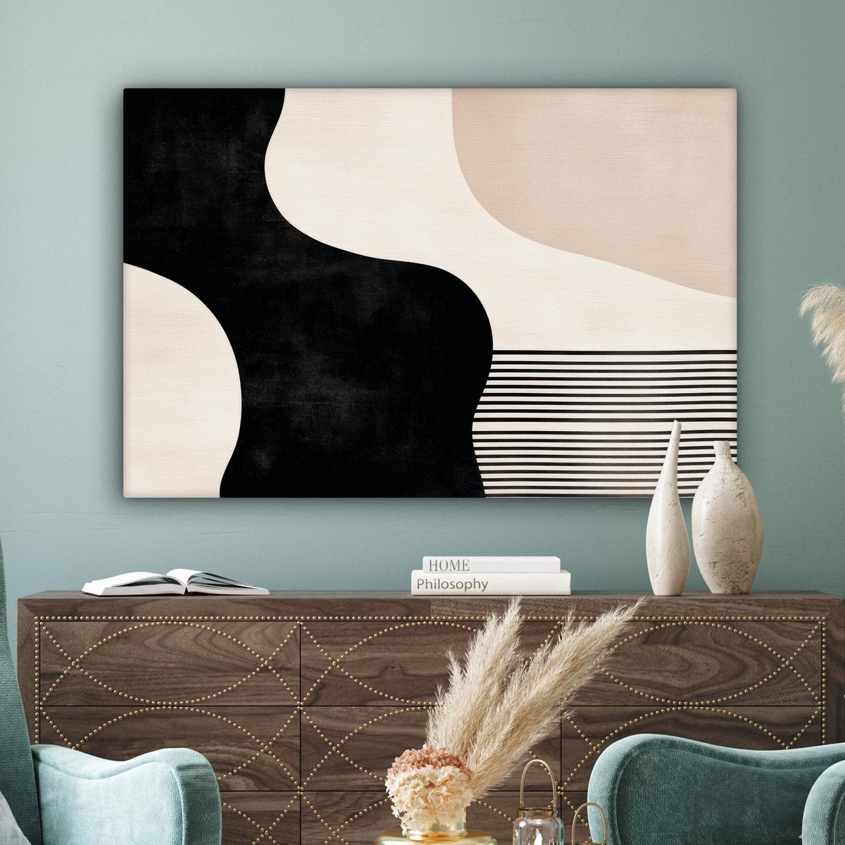 LEINWANDBILD Abstrakt - Japandi - Beige - Modern Groß 140x90 cm - Schwarz, Textil (140/90cm) - MuchoWow