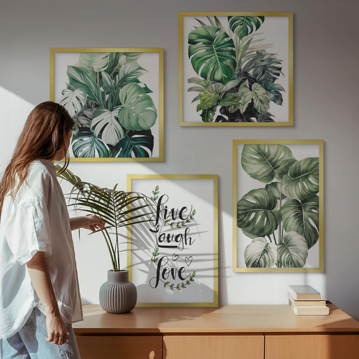 BILDER SET 4er Set - 50x50 cm & 40x60 cm Goldrahmen - Blattpflanzen leben, lachen, lieben - Goldfarben, Kunststoff (50/50cm) - TULUP