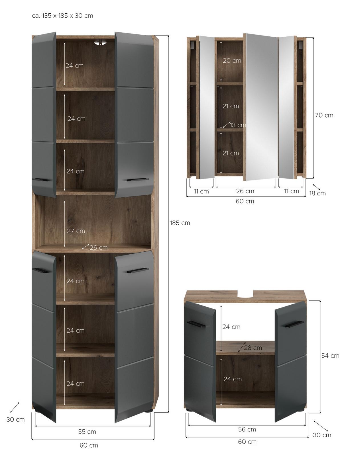 BADMÖBEL-SET 3-teilig schwarz matt, Nox Eiche inklusive Hochschrank 4-türig, 135 x 185 cm - Eichefarben/Schwarz, Glas/Holzwerkstoff (135/185/30cm) - Inn.Furn