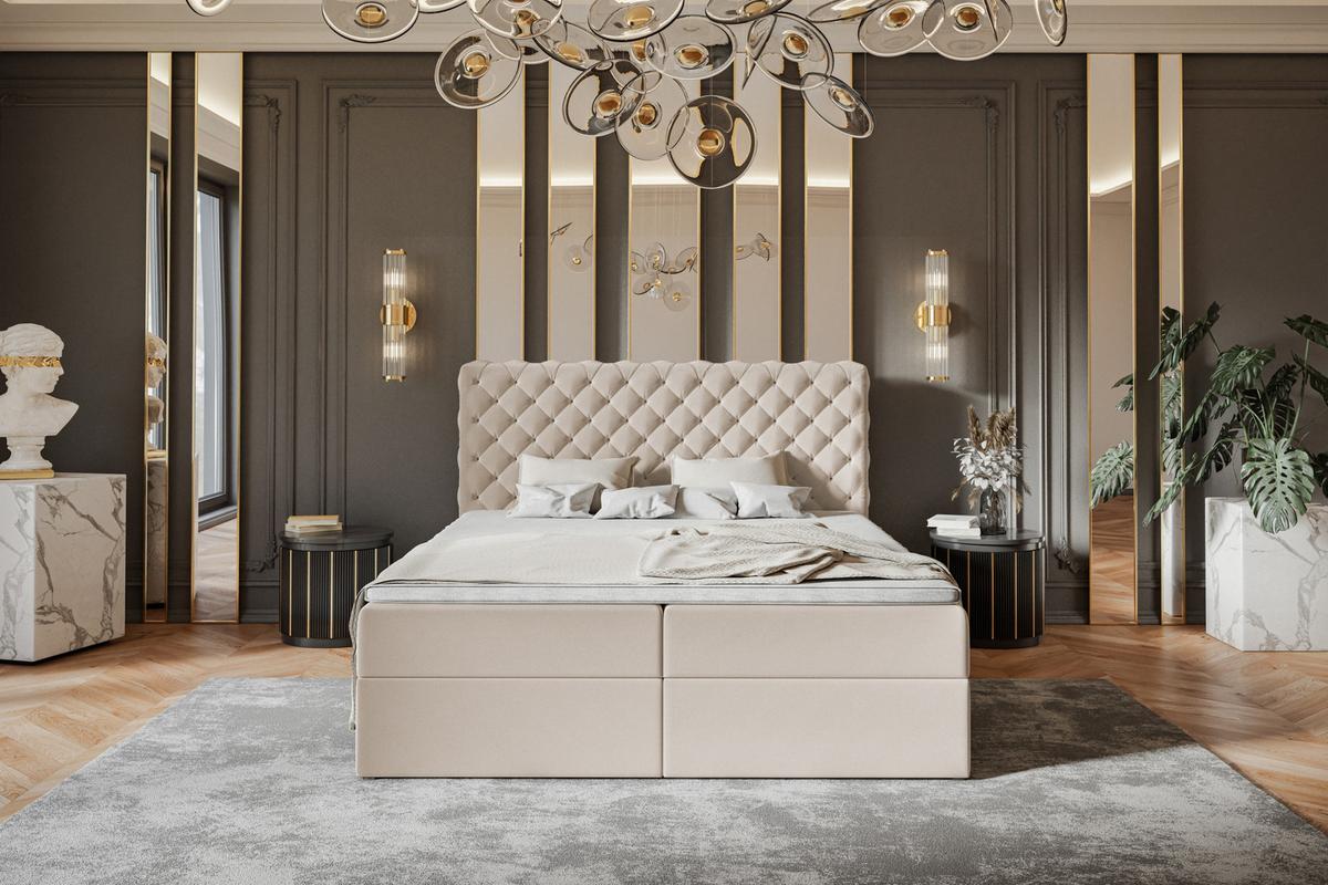 BOXBETT MIAMI mit 2 Bettkästen, 120x200, Farbe: Beige, Velourstoff, Doppelbett mit Bonell-Matratze - Beige, Holz/Kunststoff (120/200cm) - Alpi-Möbel