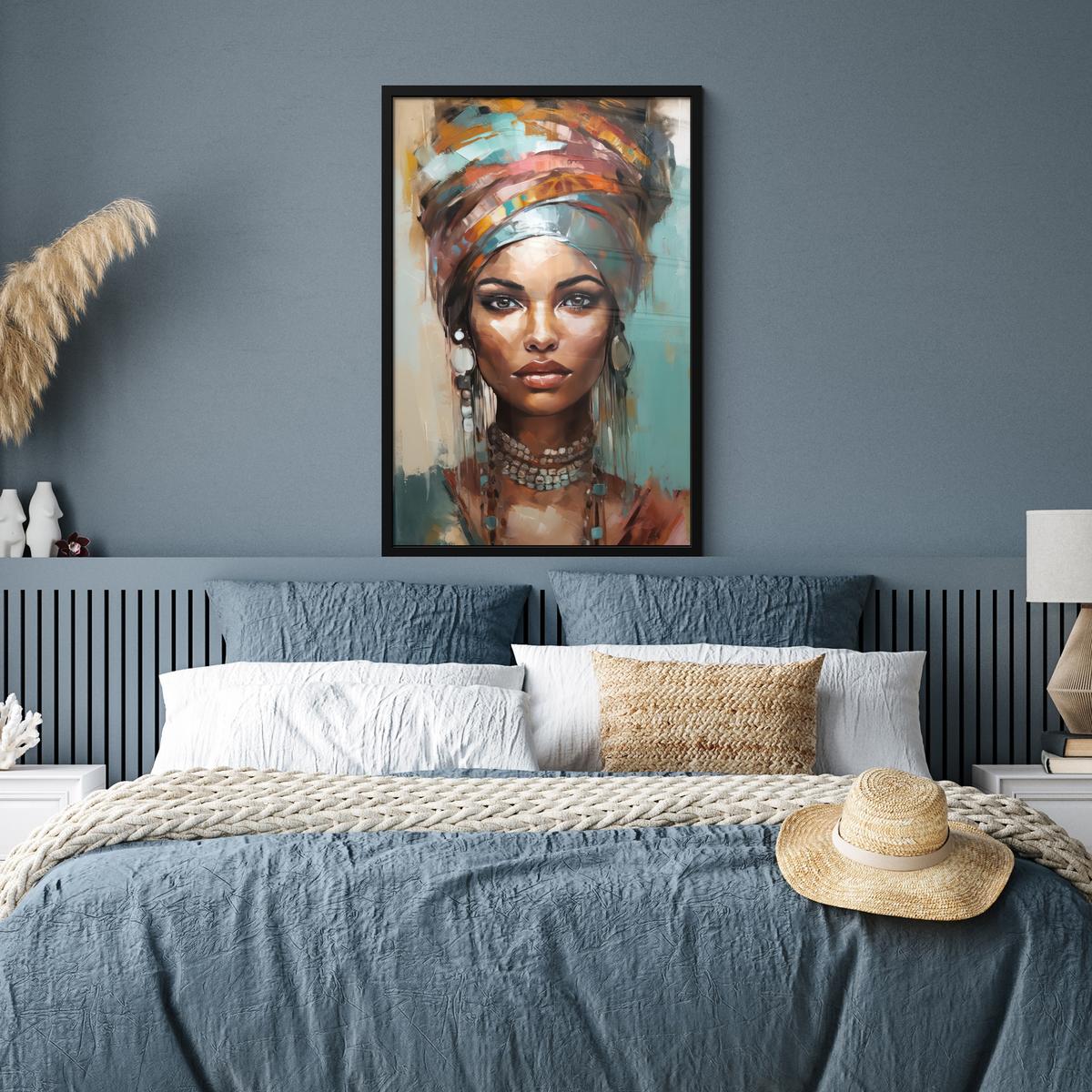 POSTER MIT RAHMENGERAHMTES BILD Frau - Kunst - Schmuck - Porträt 60x90 cm - Blaugrau, Papier (60/90cm) - MuchoWow