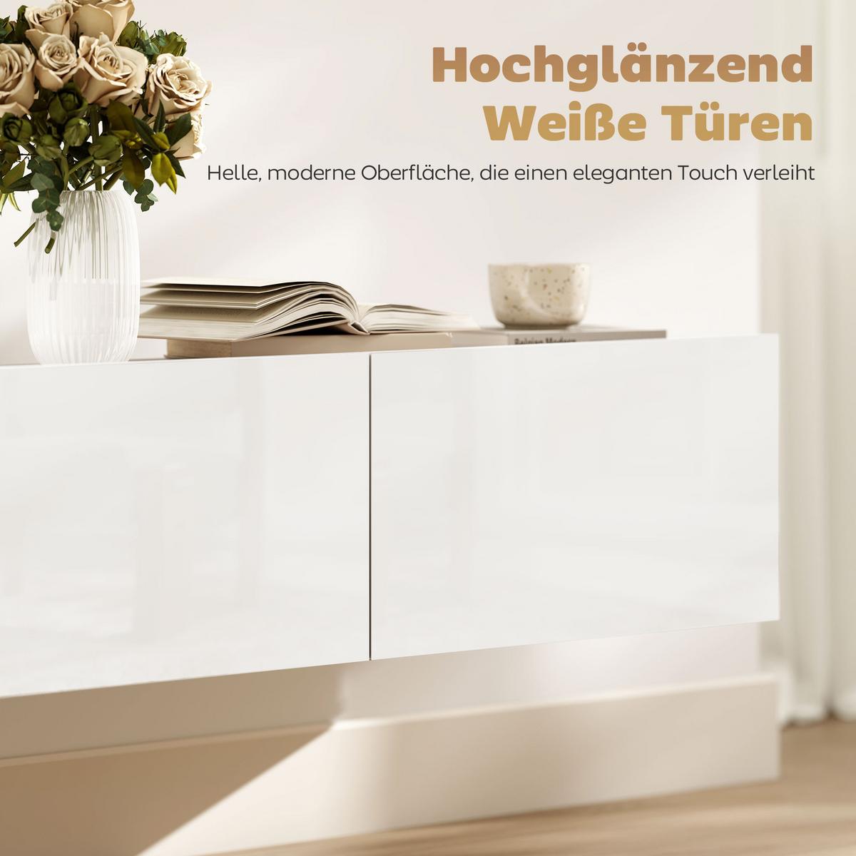 TV Schrank Lowboard hängend 180 cm für Fernseher bis zu 82 Zoll Weiß - Weiß Hochglanz/Weiß, Holzwerkstoff (31.5/29.8/180cm) - HOMCOM