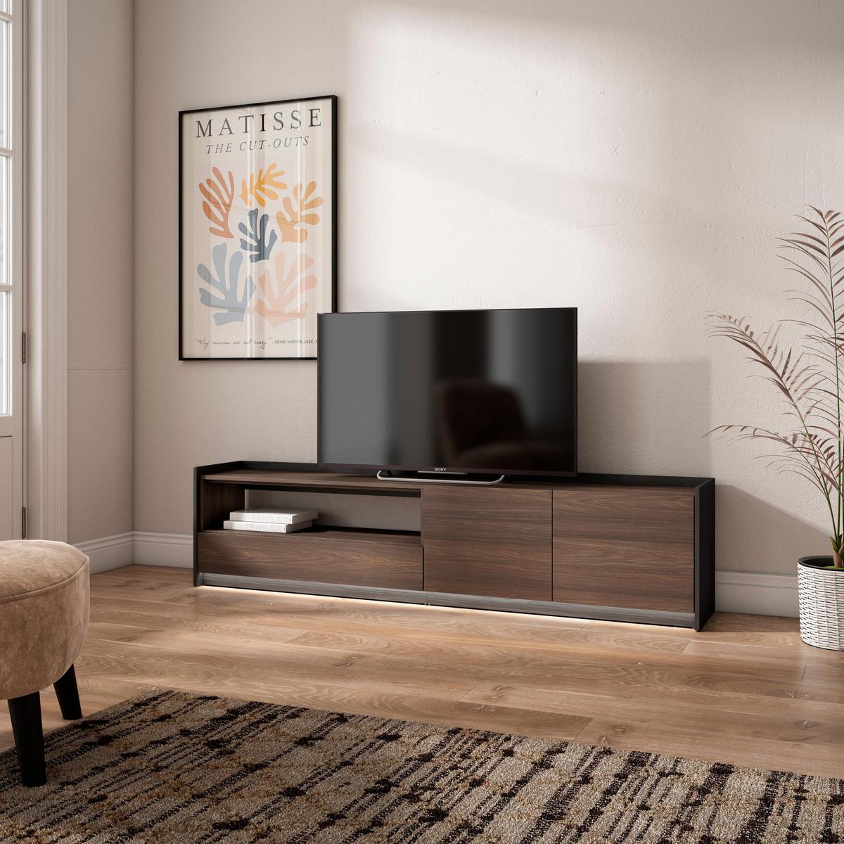 LOWBOARD, Dunkler Eiche und Schwarz, 207/37/50cm, mit Led - Dunkelbraun, Holzwerkstoff (207/50/37cm) - Skraut Home