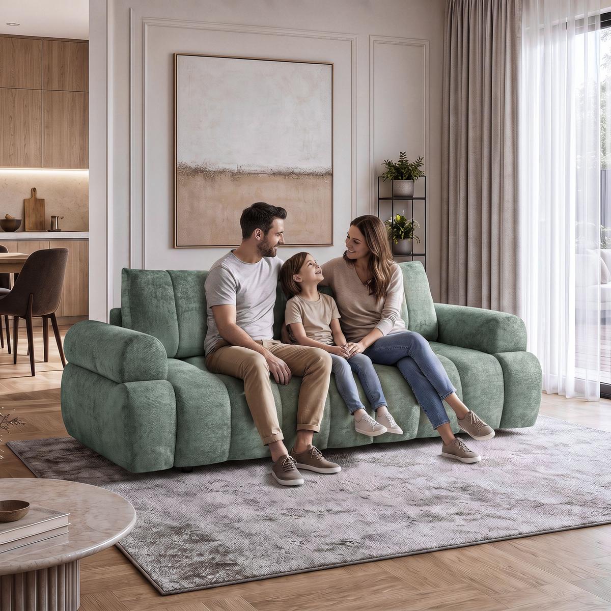 SCHLAFSOFA Mavi 3-Sitzer mit Schlaffunktion, Bettsofa Schlafcouch 195x145 cm, Grün - Grün, Textil (255/100/110cm) - Beautysofa