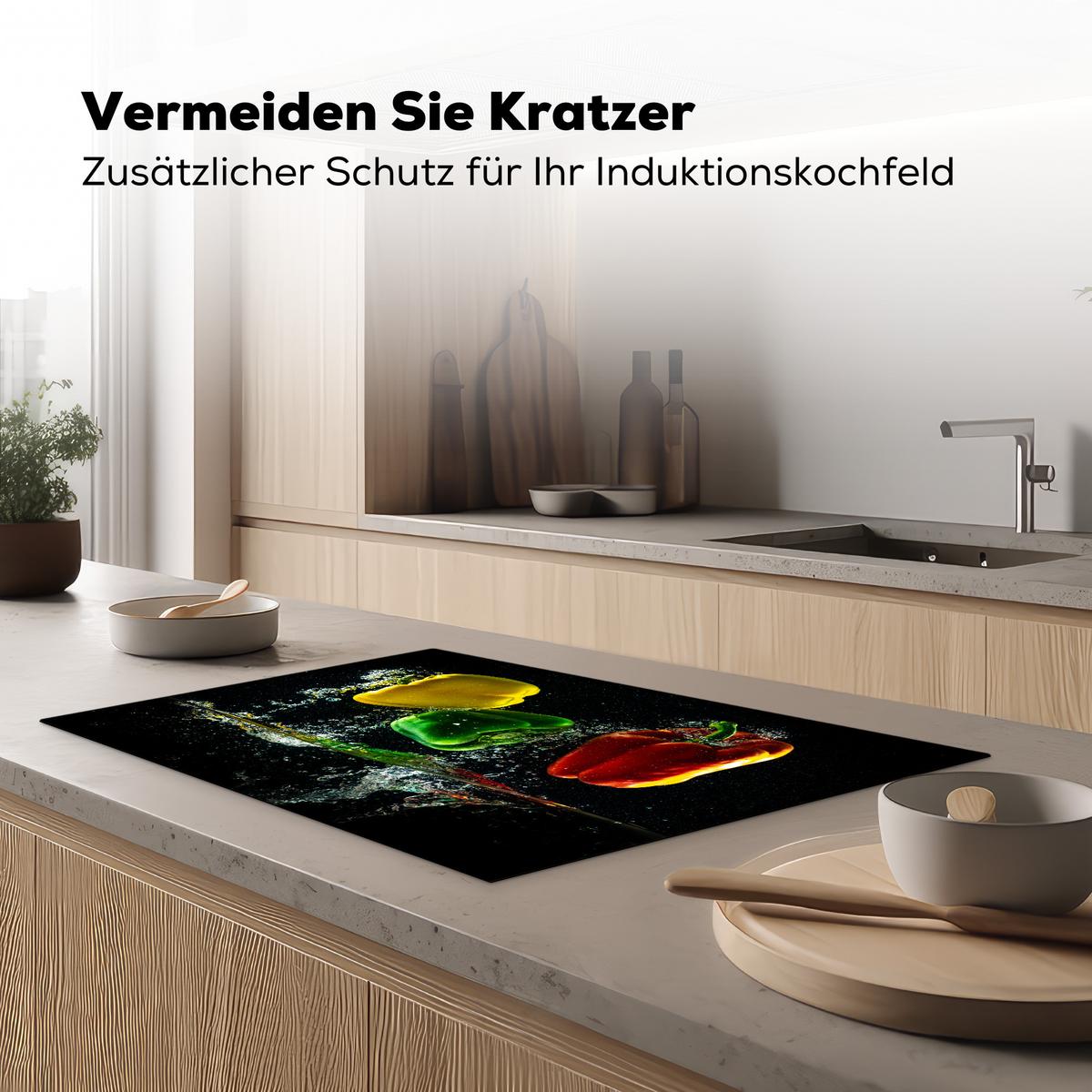 HERDABDECKPLATTE Paprika - Gemüse - Wasser - Schwarz - Rot - Grün - Gelb Induktionsschutz 81.6x52.7 cm - Multicolor, Kunststoff (81.6/52.7/0.2cm) - MuchoWow