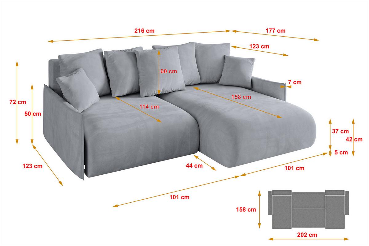ECKSOFA Ottomane rechts ONESK-L -v1 216x177x72 Hellgrau Velours - Titanfarben, Holzwerkstoff/Kunststoff (177/216cm) - ALTDECOR