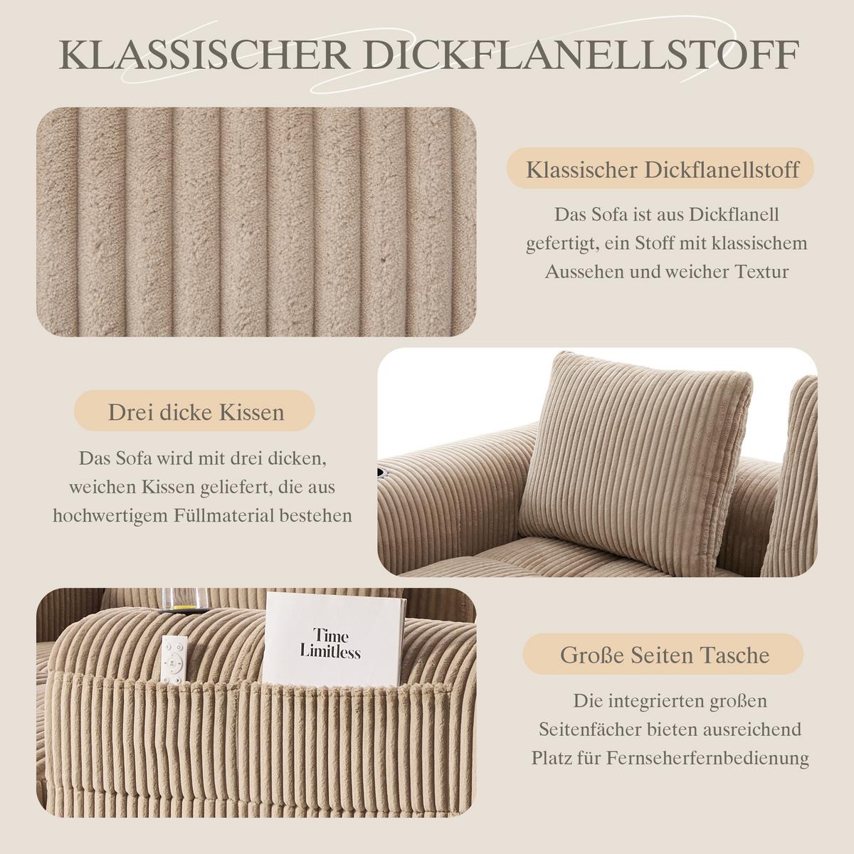 ECKSOFA 3-Sitzer mit Getränkehalter, Seitentaschen & 3 Kissen - Taupe, Textil (253/158cm) - Urban Meuble