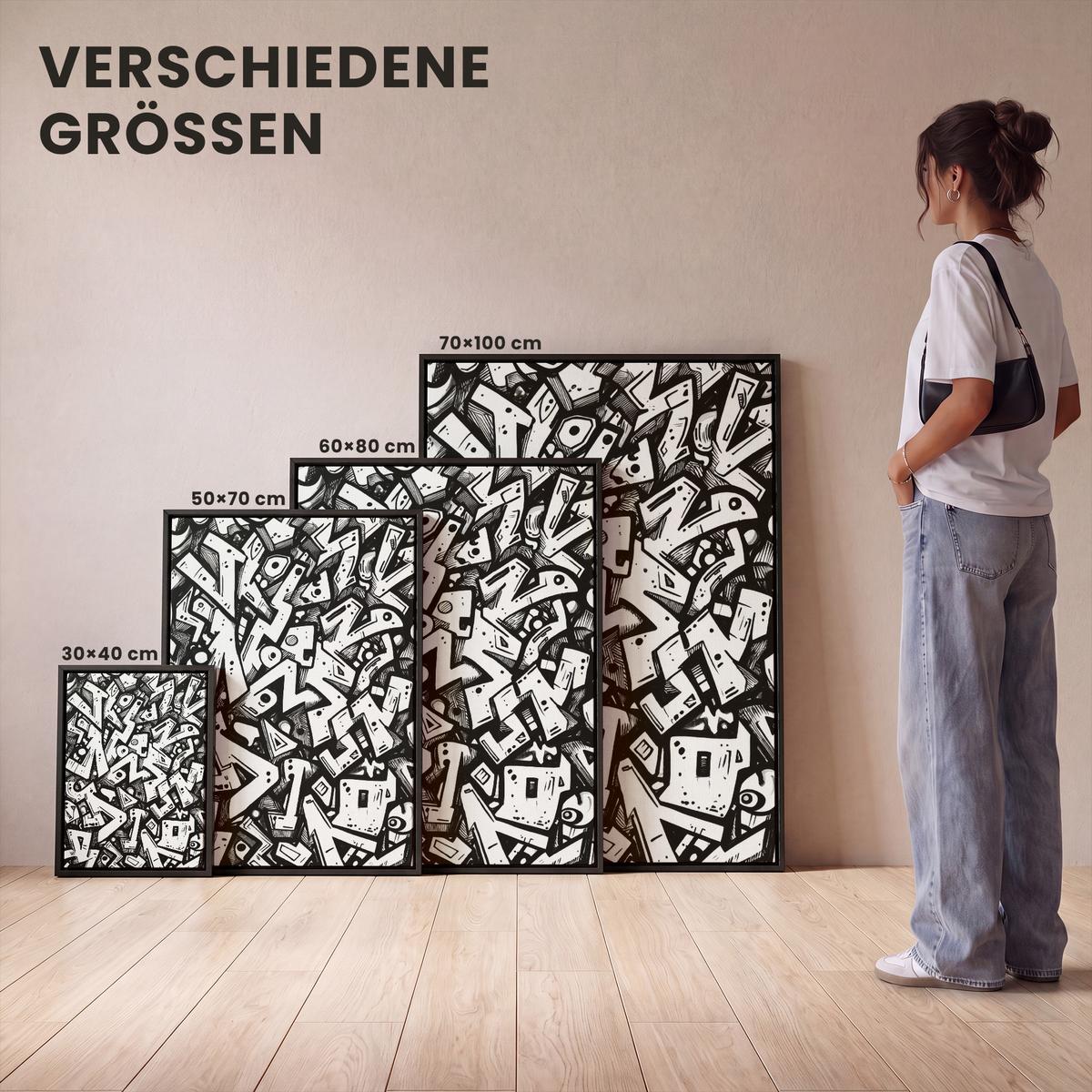 LEINWAND Bilder mit Rahmen - Formen - Buchstaben - Graffiti - Schwarz - 60x80 - Schwarz, Textil (60/80cm) - MuchoWow