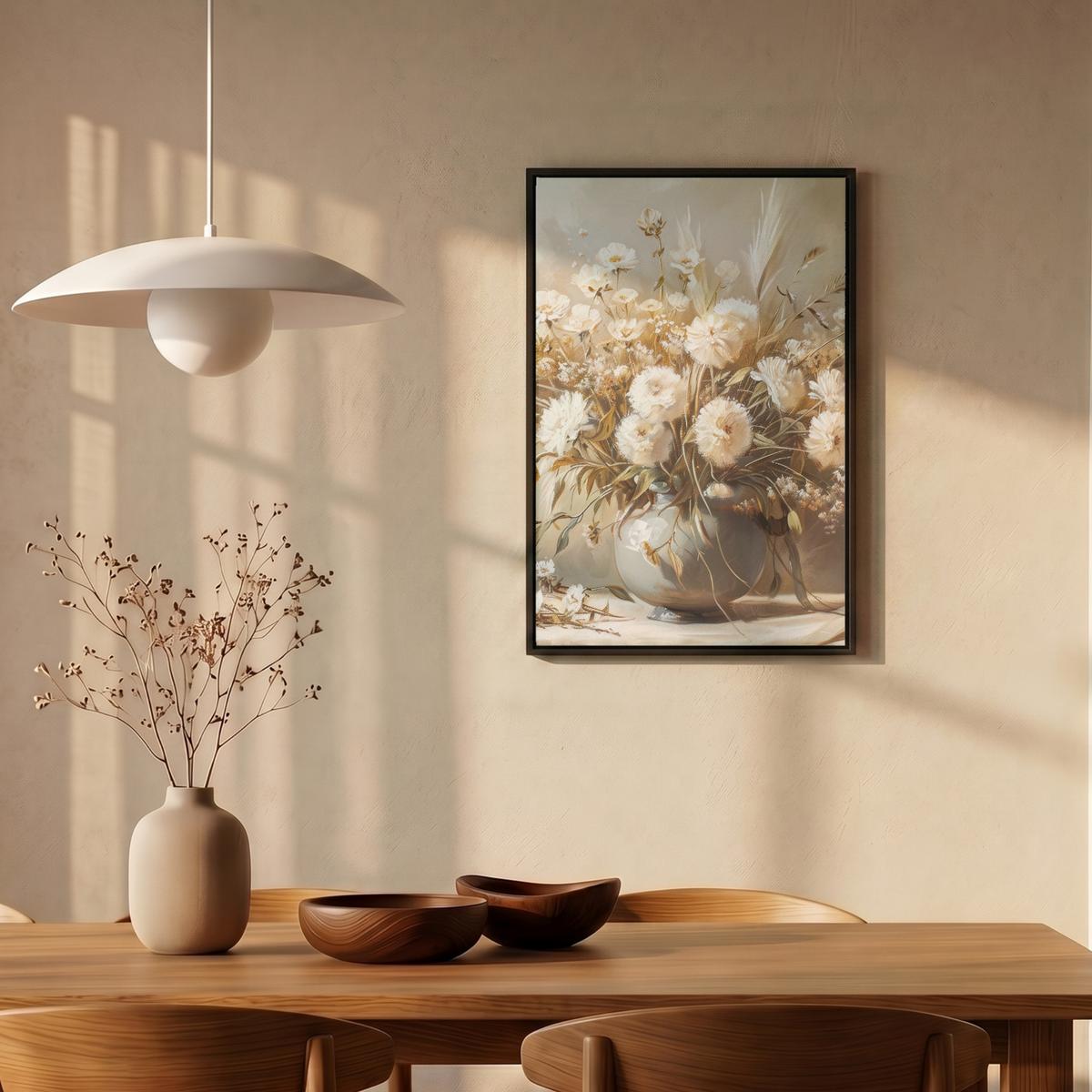 LEINWAND Bilder mit Rahmen - Blumen - Vase - Stilleben - Beige - 40x60 - Creme, Textil (40/60cm) - MuchoWow