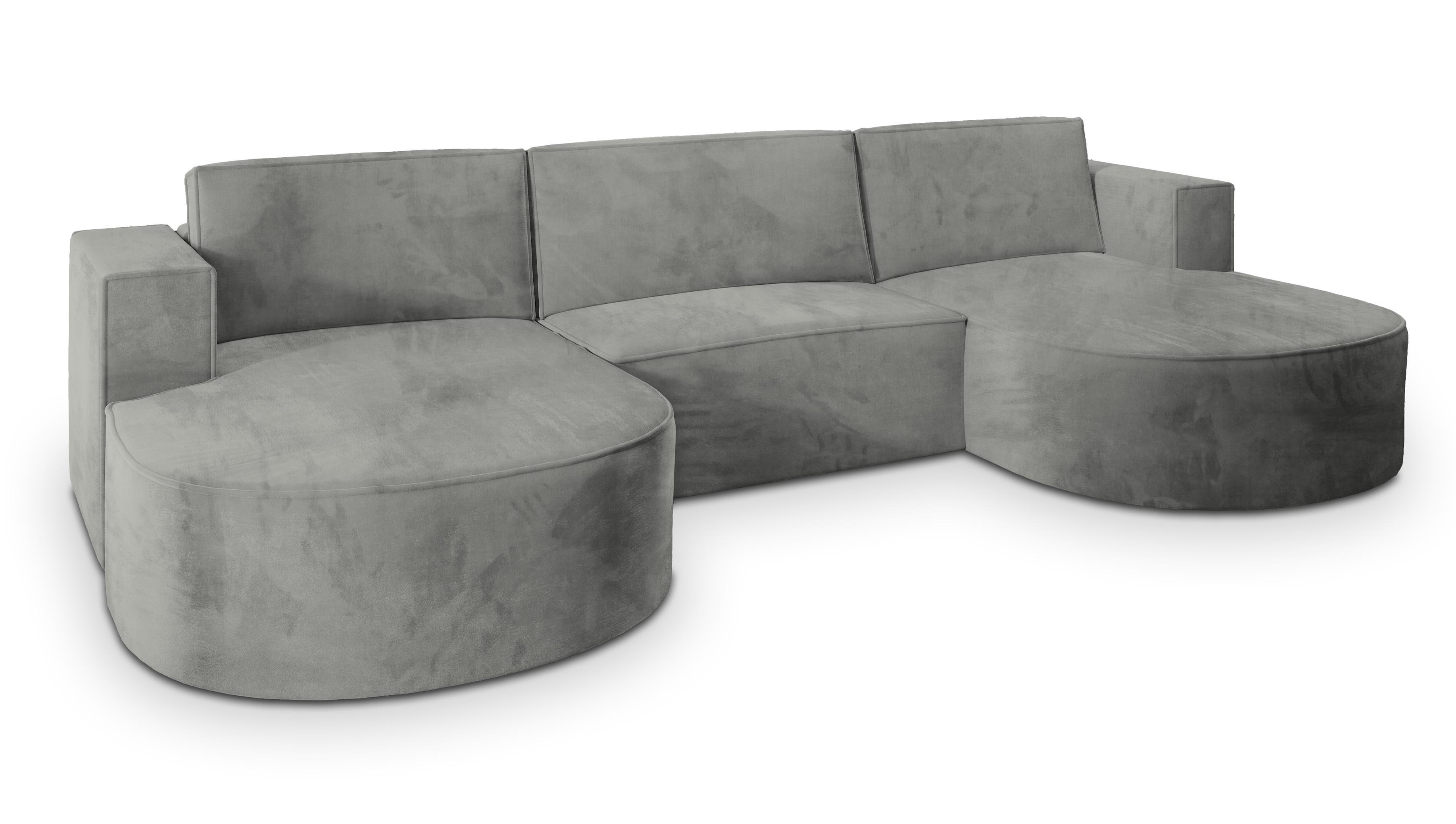 WOHNLANDSCHAFT VEZZO M Hellgrau Velours-Stoff mit Schlaffunktion - Hellgrau, Holz (347/85/174cm) - MASSENO