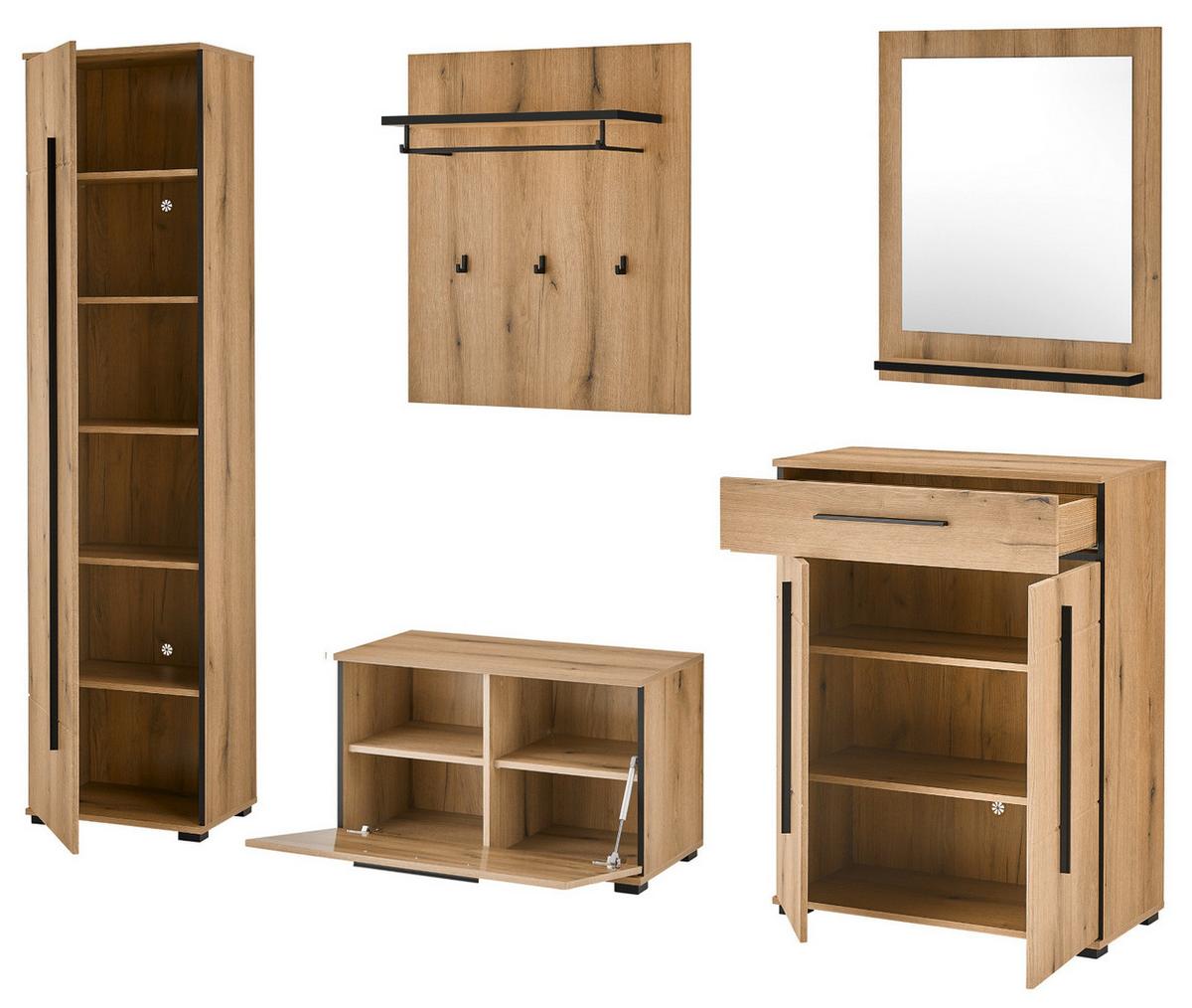 GARDEROBEN-SET Evoke Eiche 6-teilig 230 cm, Flurgarderobe mit Soft-Close - Dunkelgrau/Eichefarben, Glas/Holzwerkstoff (230/200/40cm) - Furn.Design