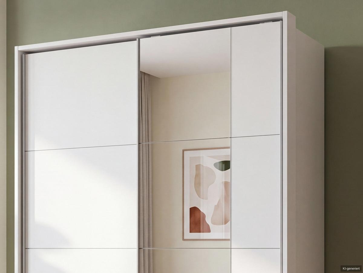 SCHWEBETÜRENSCHRANK 2-türig B138/H200/T65 cm, Passepartout-Kleiderschrank in Weiß mit sichtbaren Schubkästen & Spiegel / 22681 - Alufarben/Weiß, Holz/Holzwerkstoff (138/200/65cm) - luma-home
