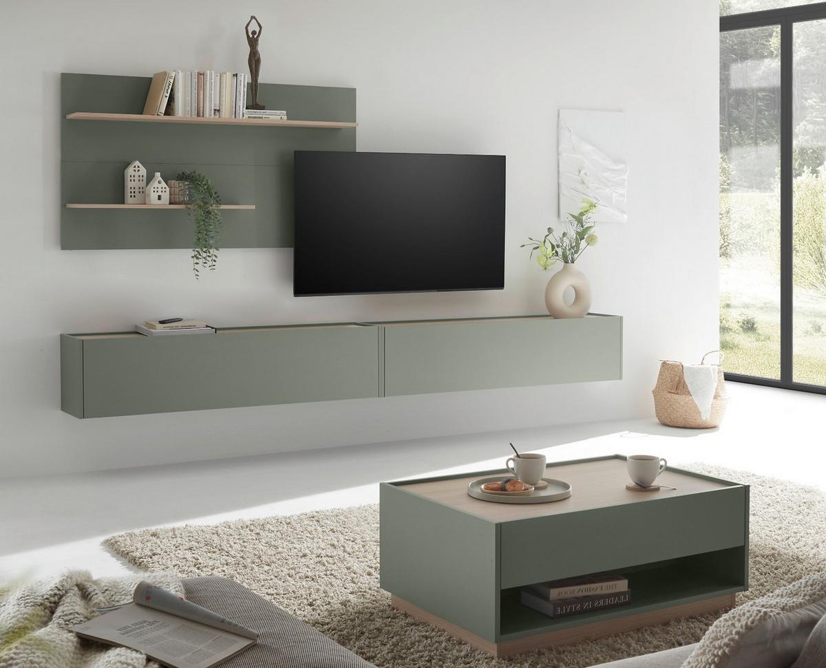 WOHNWAND in Salbei Grün mit Eiche, Wohnzimmer Fernsehschrank mit 300 cm TV Lowboard, gesamt 300 x 190 cm - Salbeigrün/Eichefarben, Holz/Holzwerkstoff (300/190/30cm) - Furn.Design