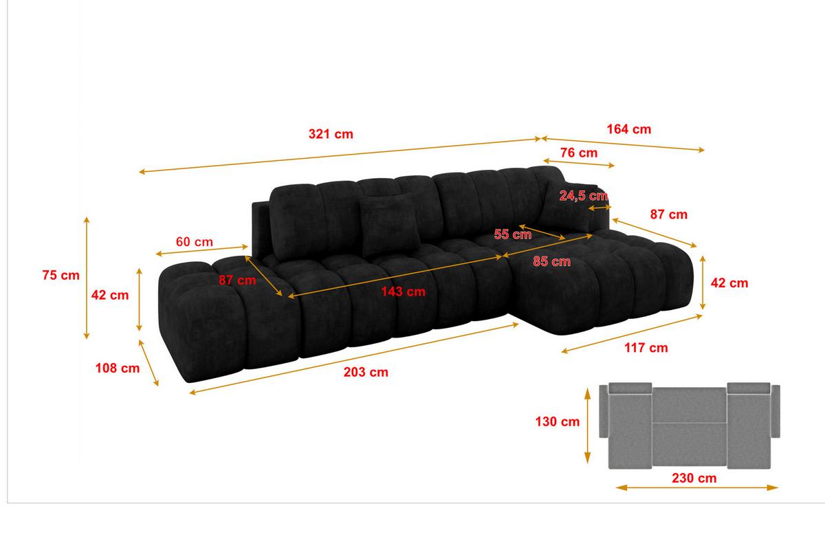 ECKSOFA mit Schlaffunktion Ottomane RECHTS OLEA-L2 321x164x75 Schwarz Velours - Schwarz, Holzwerkstoff/Kunststoff (164/321cm) - ALTDECOR