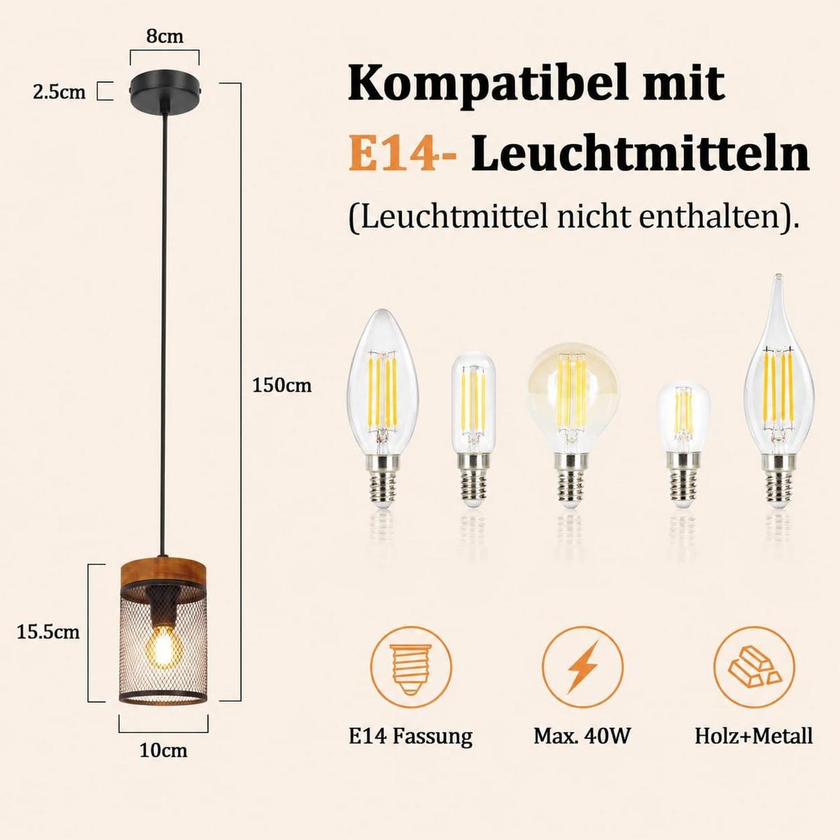 PENDELLEUCHTE Ylenli 10/10/150 cm - Schwarz, Holz/Metall (10/10/150cm) - ZMH