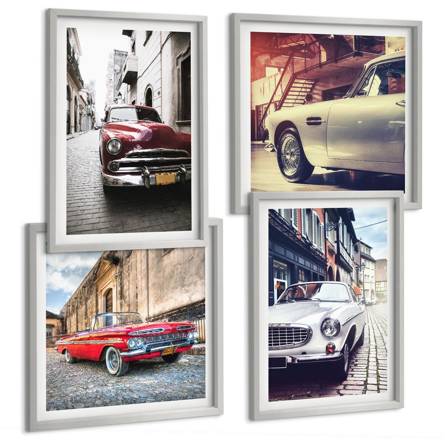 BILDER SET 4er Set - 50x50 cm & 40x60 cm Silberner Rahmen - Oldtimer in Städten - Silberfarben, Kunststoff (50/50cm) - TULUP
