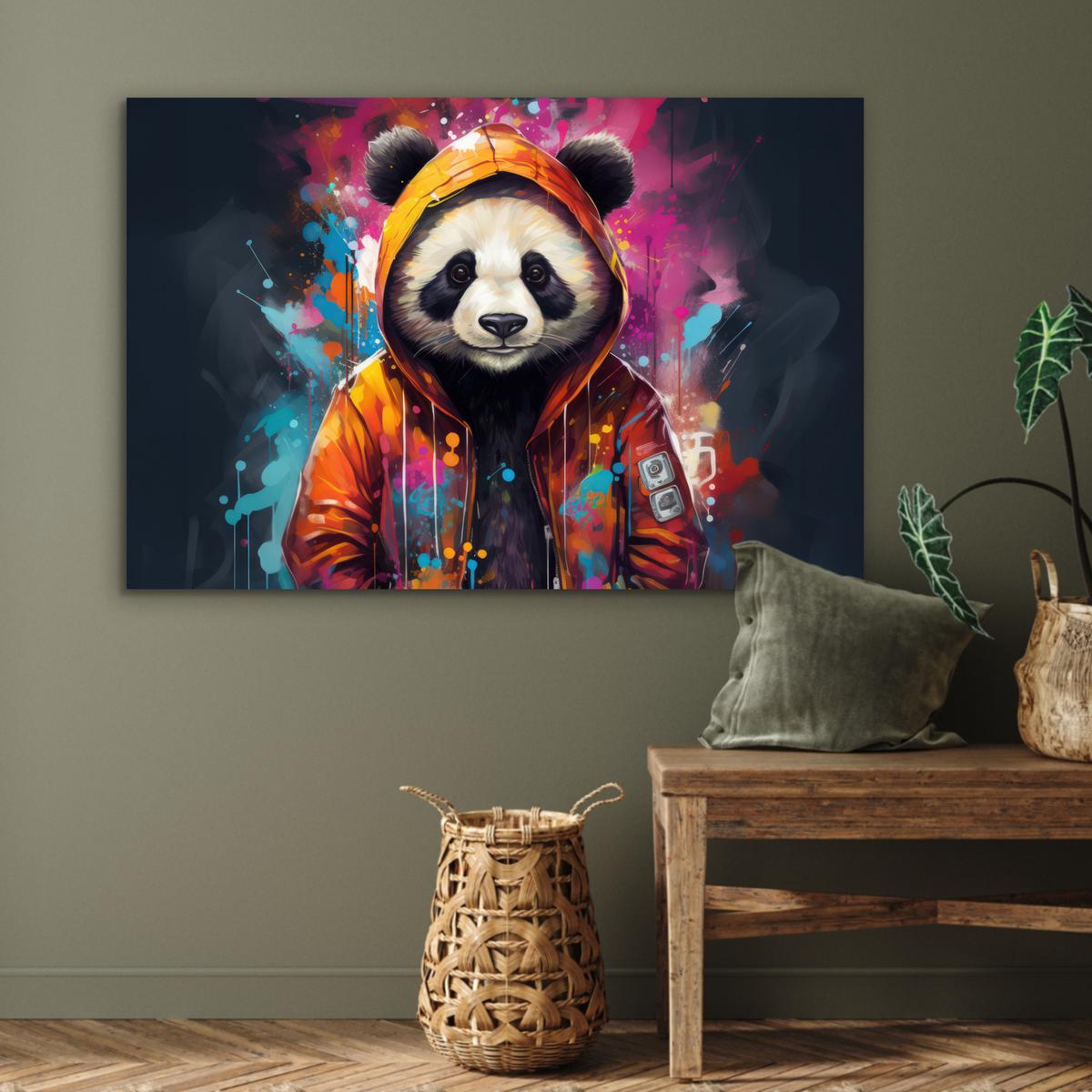 METALLBILD Panda - Jacke - Graffiti - Orange Wanddeko 90x60 cm - Orange, Metall (90/60cm) - MuchoWow