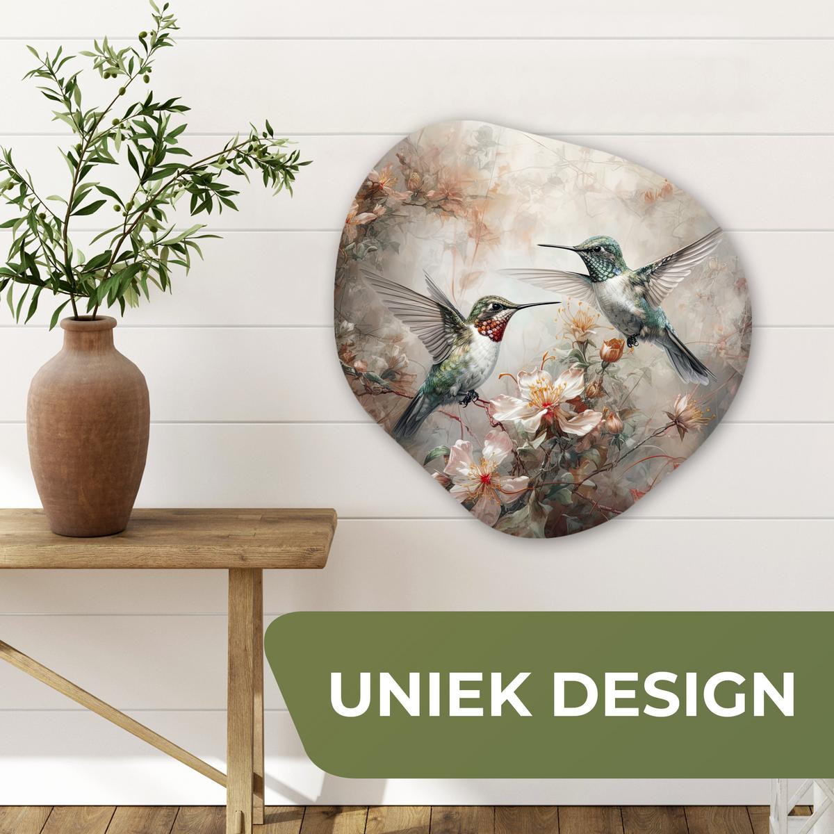WANDBILD Kolibri - Vögel - Blumen - Pflanzen Wandbild 60x60 cm - Hellgrün, Kunststoff (60/60cm) - MuchoWow
