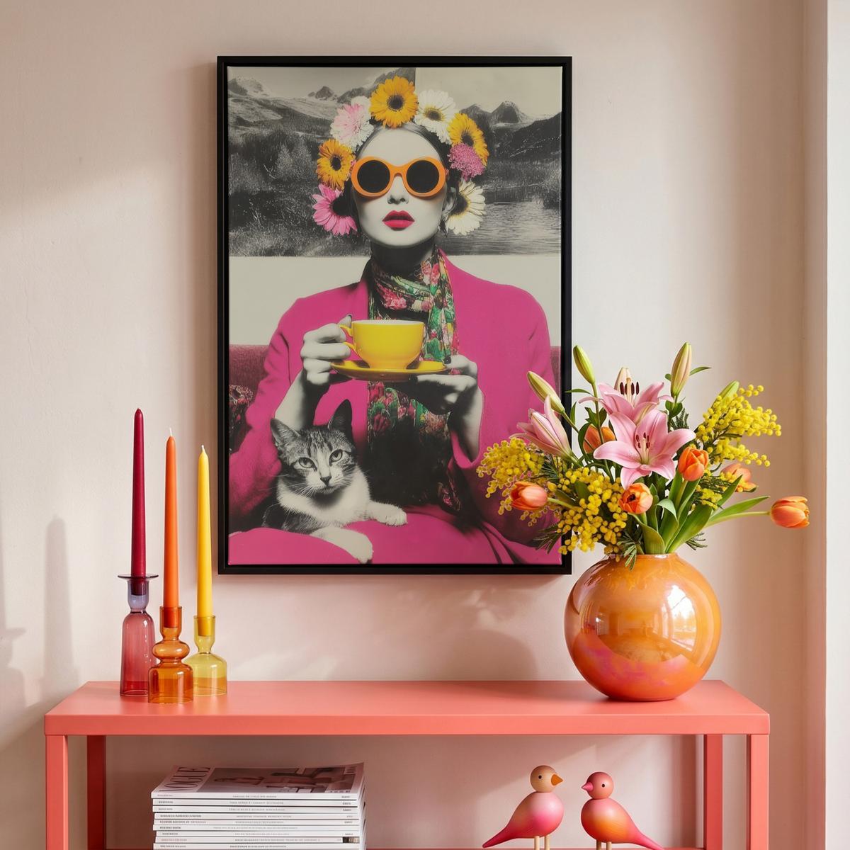 LEINWAND Bilder mit Rahmen - Frau - Katze - Blumen - Tasse - Retro - 40x60 - Magenta, Textil (40/60cm) - MuchoWow