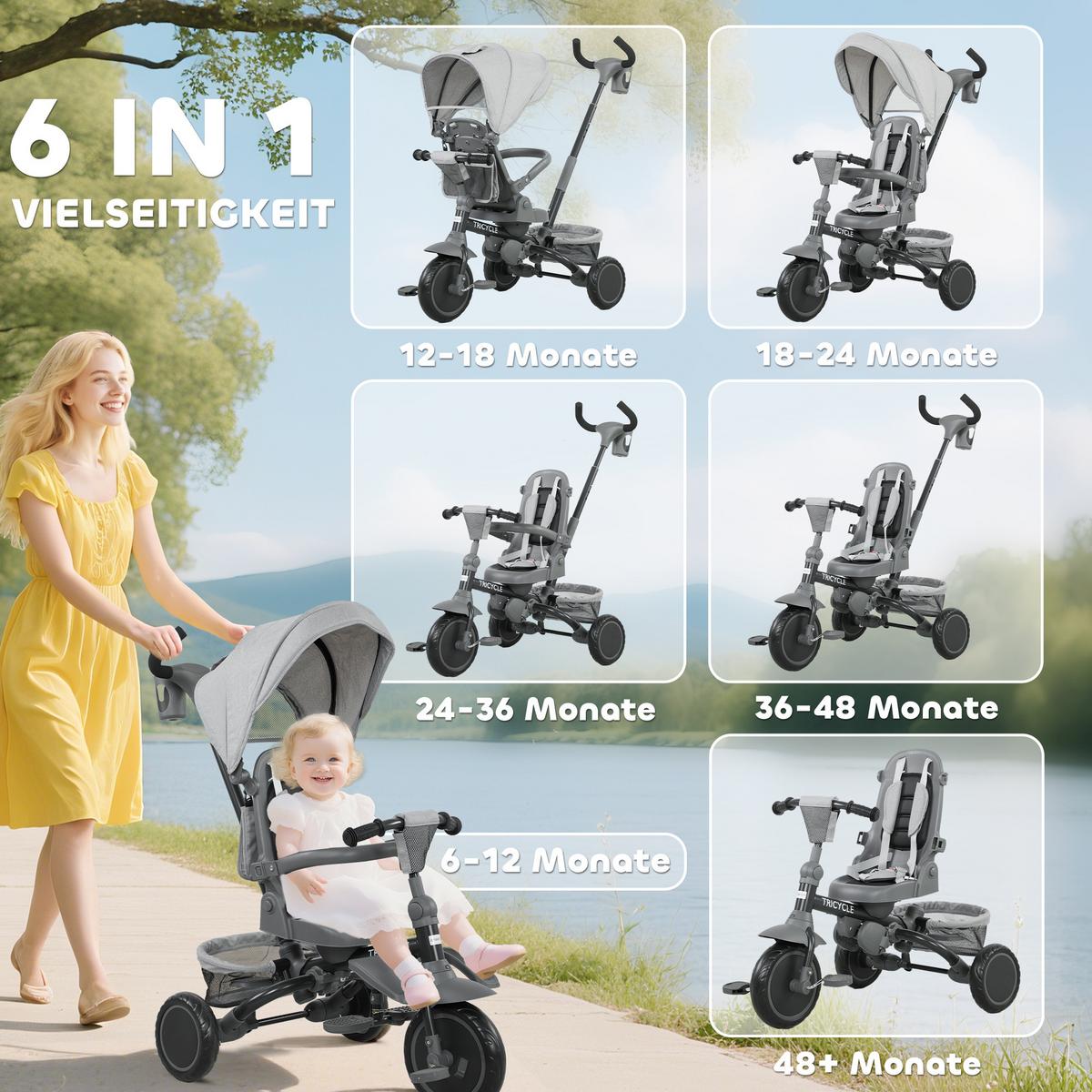 DREIRAD 6in1 mit Schubstange für 1-5 Jahre Kinderdreirad mit drehbarem Sitz Grau - Grau, Metall (111.5/52/98cm) - AIYAPLAY