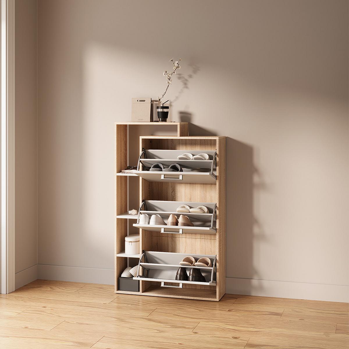 SCHUHKIPPER Ortello Weiß/Sonoma 80 x 128.3 cm mit 3 Fächern - Weiß/Sonoma Eiche, Holzwerkstoff (80/128.3/24.2cm) - Livinity®