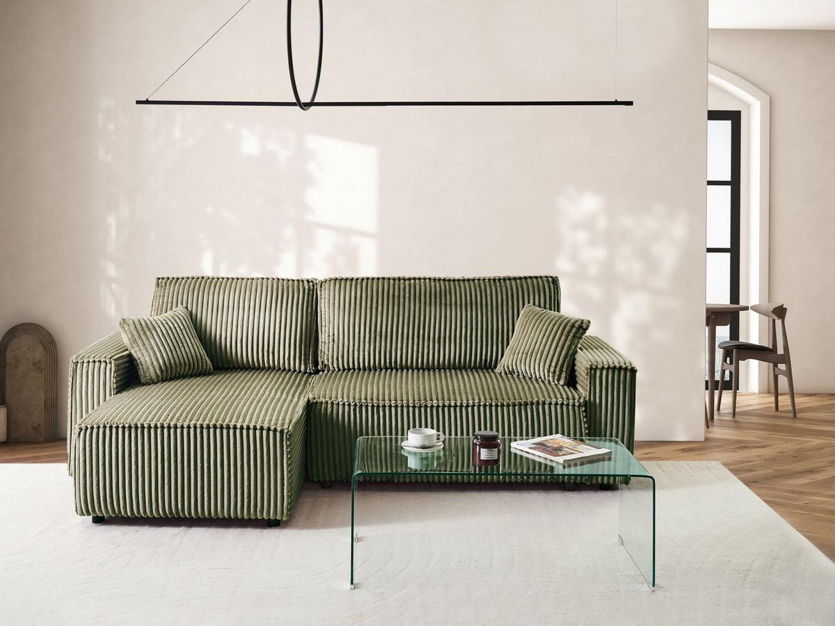 ECKSCHLAFSOFA 3-Sitzer Cord Grün mit Stauraum rechtsseitig Abacka - Grün, Textil (247/147cm) - Beliani