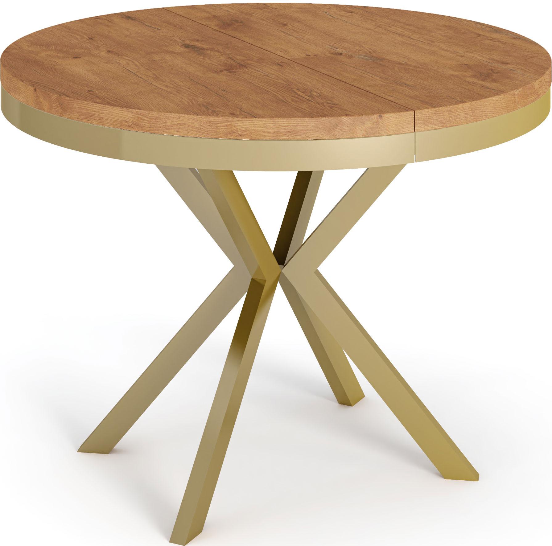 ESSTISCH Dina runder ausziehbarer, Lancelot Eiche 120-200/100/76 cm - Eichefarben/Goldfarben, Holzwerkstoff/Metall (120/200/76cm) - WFL GROUP