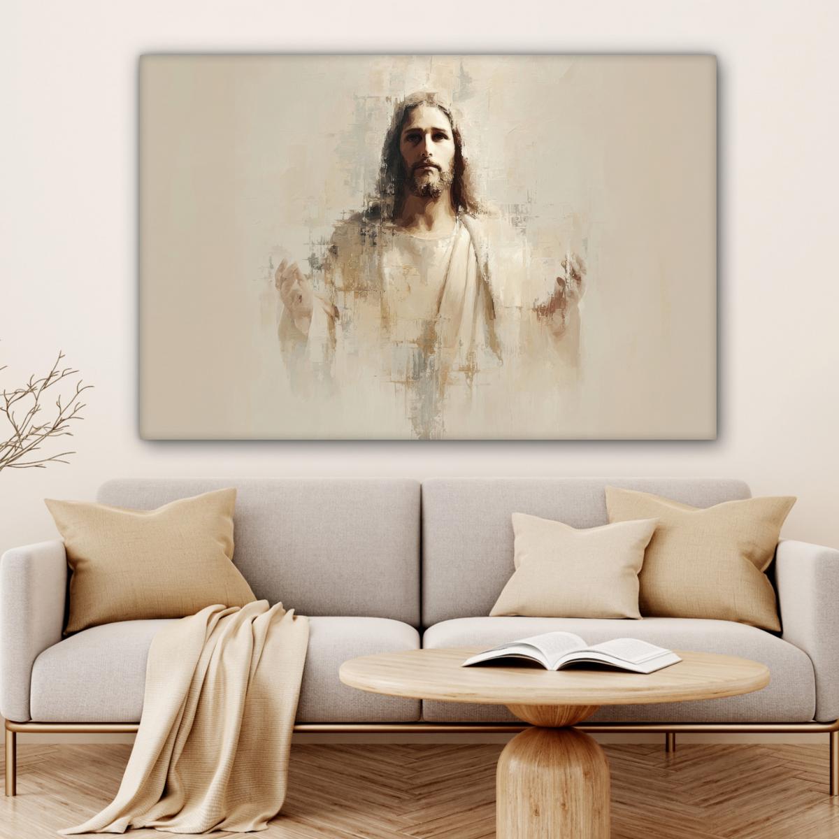 LEINWANDBILD Porträt - Abstrakt - Jesus - Beige XXL 150x100 cm - Beige, Textil (150/100cm) - MuchoWow