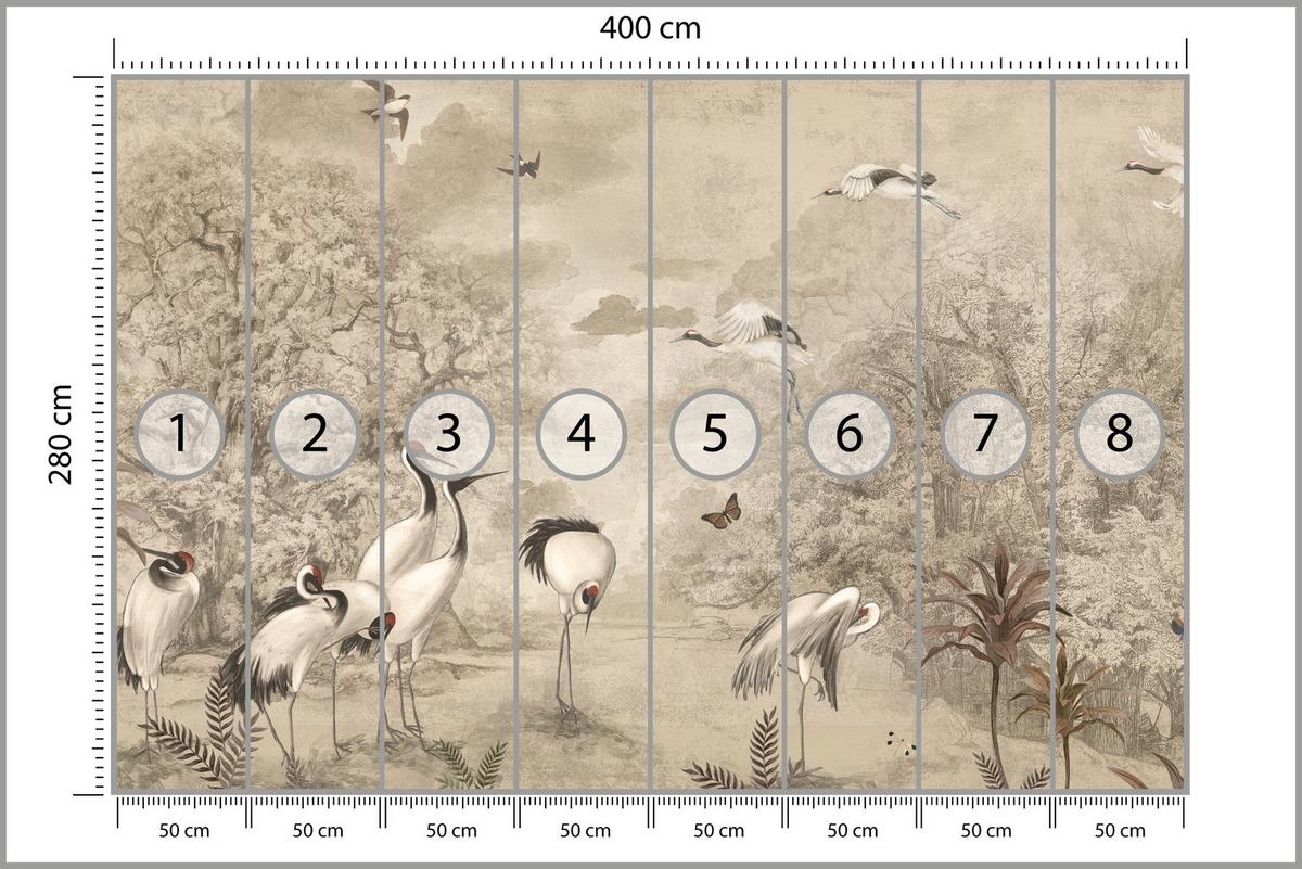 FOTOTAPETE für Schlafzimmer Retro Kraniche Wald Bäume Vögel 400x280 - Beige/Rot, Papier (400/280cm) - Muralo