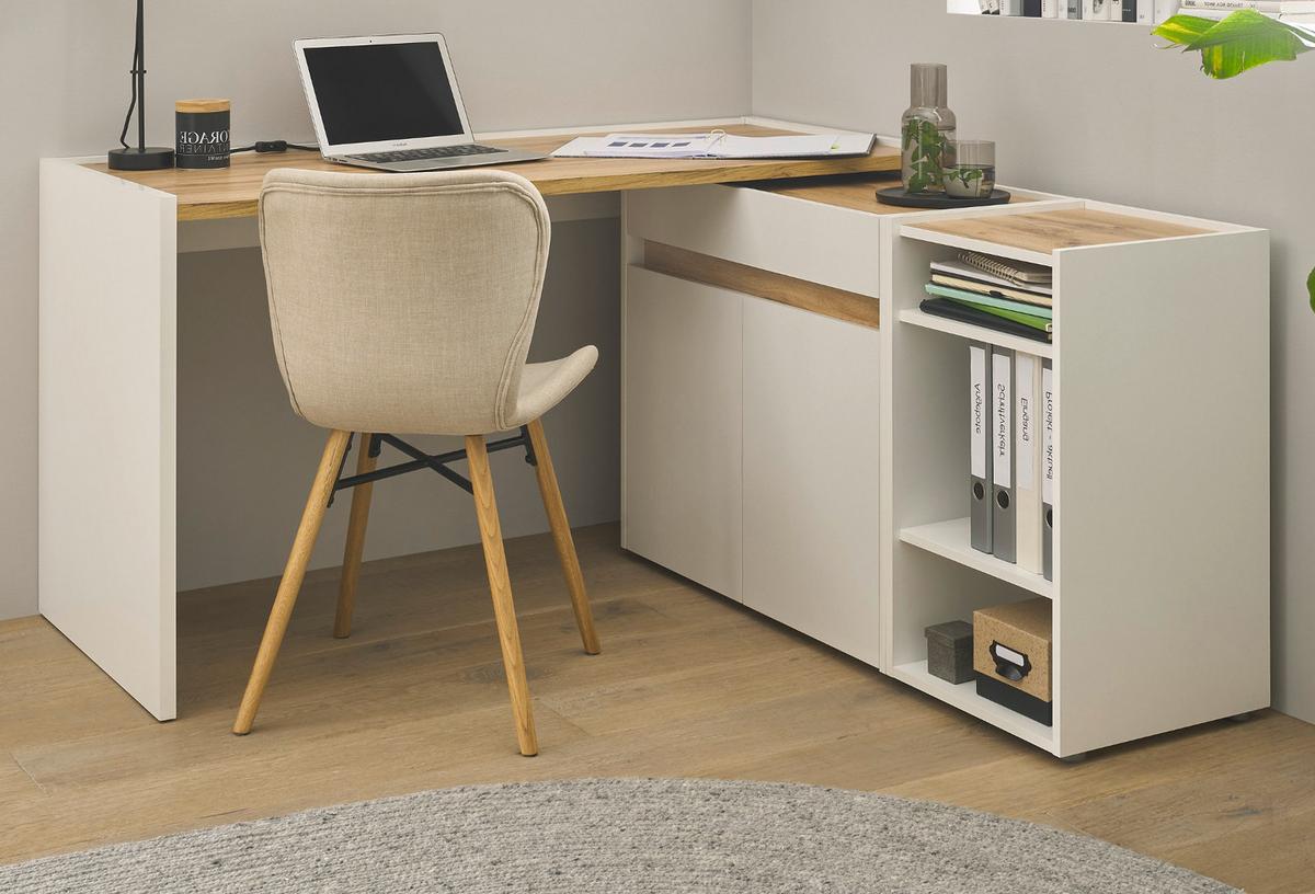 SCHREIBTISCHKOMBINATION 3-teilig weiß, Eiche Wotan 143 cm, Büromöbel Set mit Aktenregal und Kommode - Eichefarben/Eiche Wotan, Holzwerkstoff/Kunststoff (140/143/76cm) - Furn.Design