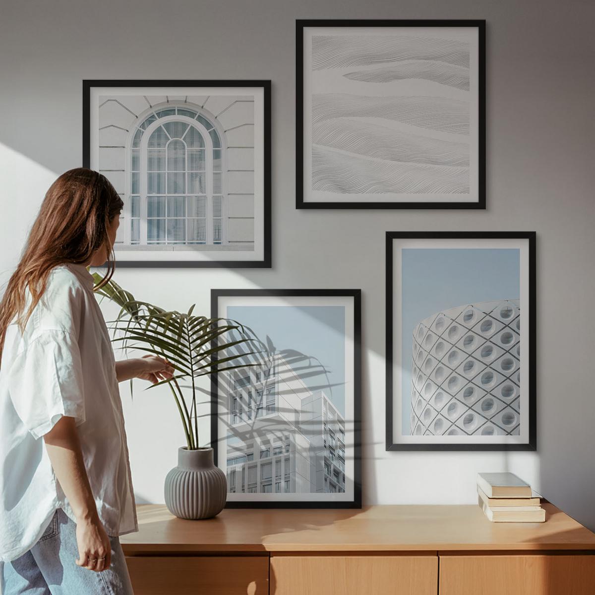 BILDER SET 4er Set - 50x50 cm & 40x60 cm Schwarzer Rahmen - Moderne Architekturgeometrie - Schwarz, Kunststoff (50/50cm) - TULUP
