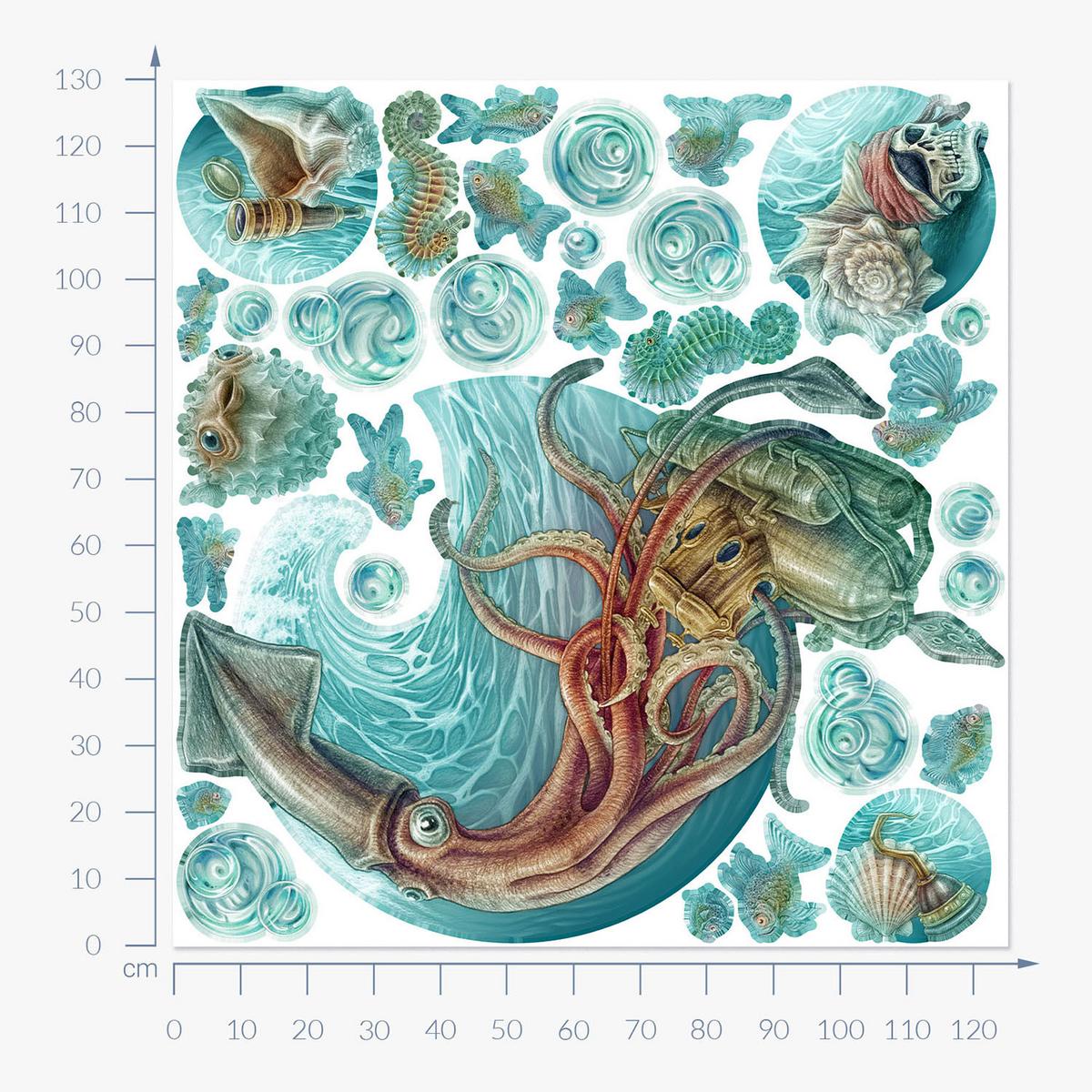 WANDAUFKLEBER 130x125cm - Unterwasserwelt - Multicolor, Kunststoff (130/125/0.1cm) - Wallfluent