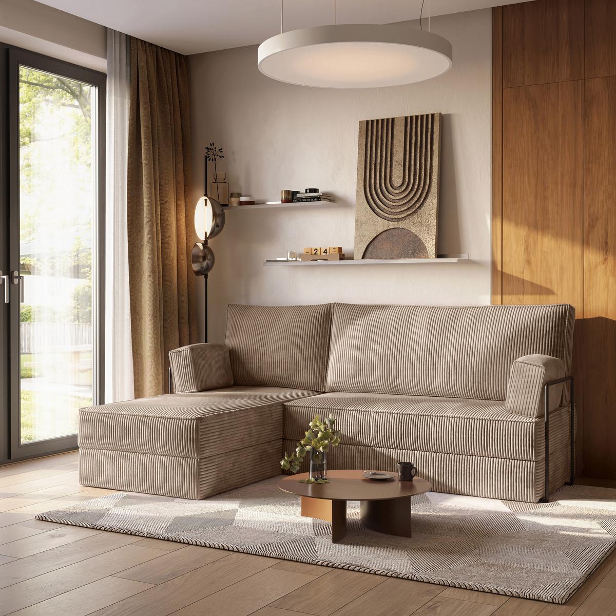 ECKSOFA NOTIA modulares Boneless Sofa mit Schlaffunktion Beige Kordstoff - Beige, Textil (200/120cm) - MASSENO